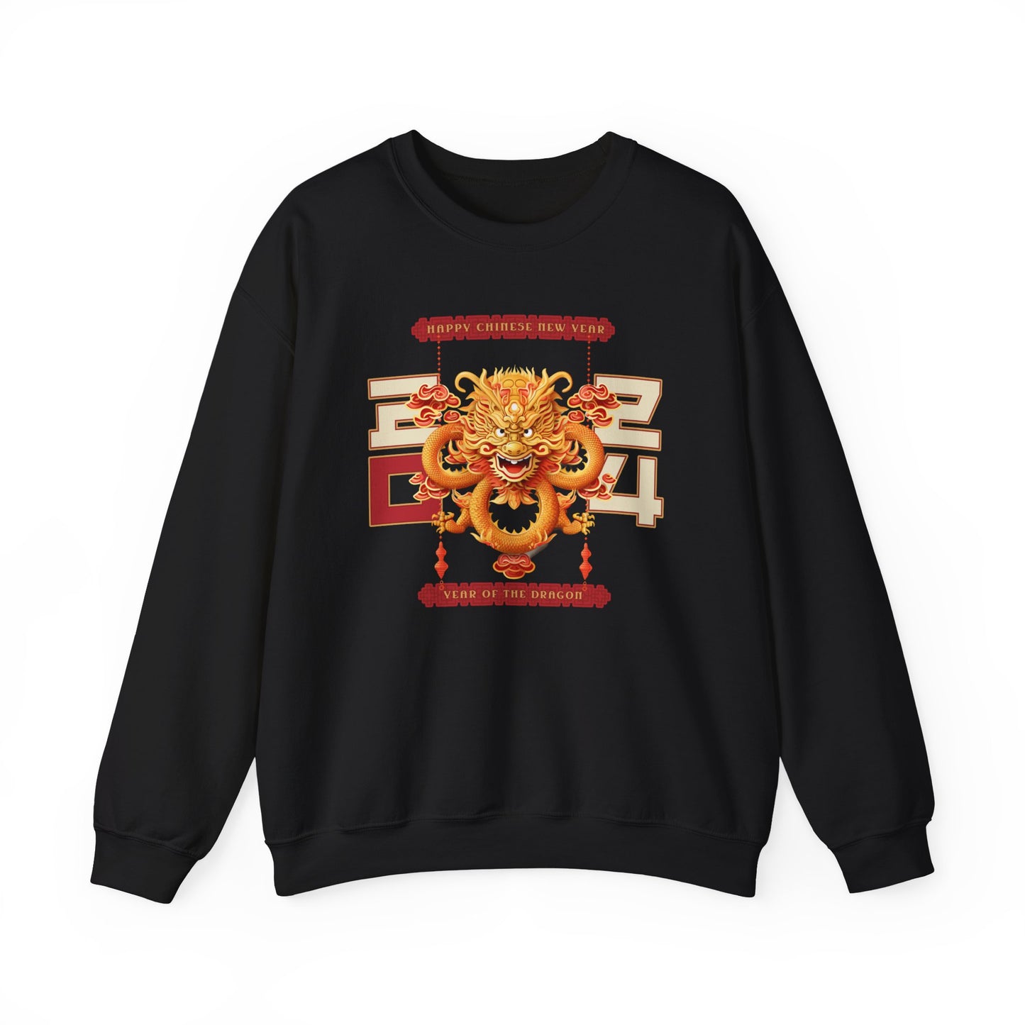 Black color crewneck sweatshirt celebrating the 2024 year of the dragon Chinese lunar new year with a Chinese dragon and the year 2024 flanking either side with 20 on one side and 24 on the other