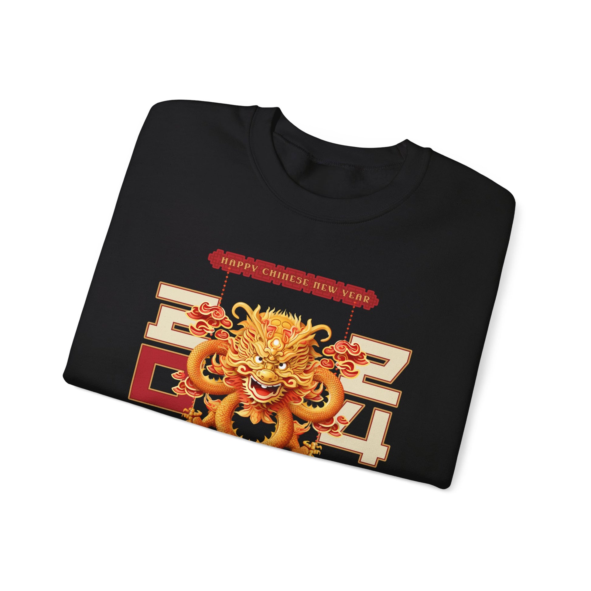 Black color folded crewneck sweatshirt celebrating the 2024 year of the dragon Chinese lunar new year with a Chinese dragon and the year 2024 flanking either side with 20 on one side and 24 on the other