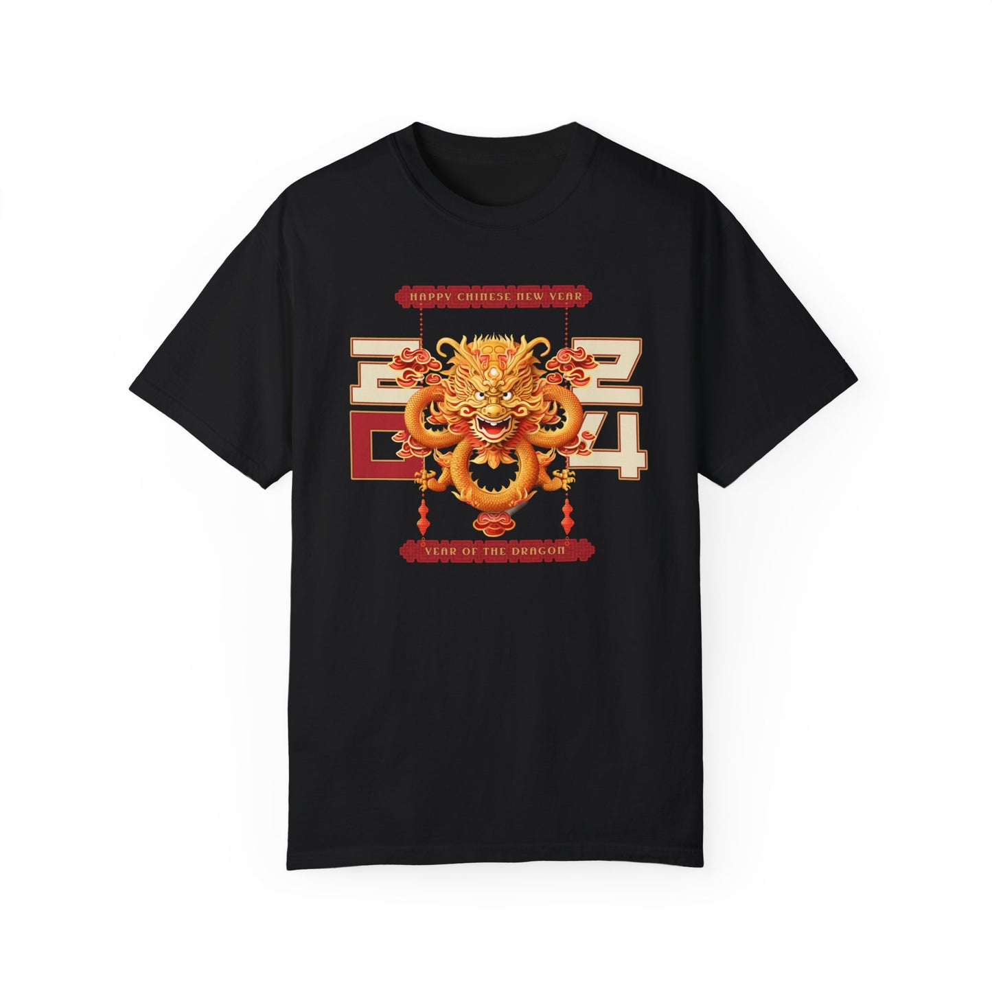 Black color t-shirt celebrating the 2024 year of the dragon Chinese lunar new year with a Chinese dragon and the year 2024 flanking either side with 20 on one side and 24 on the other