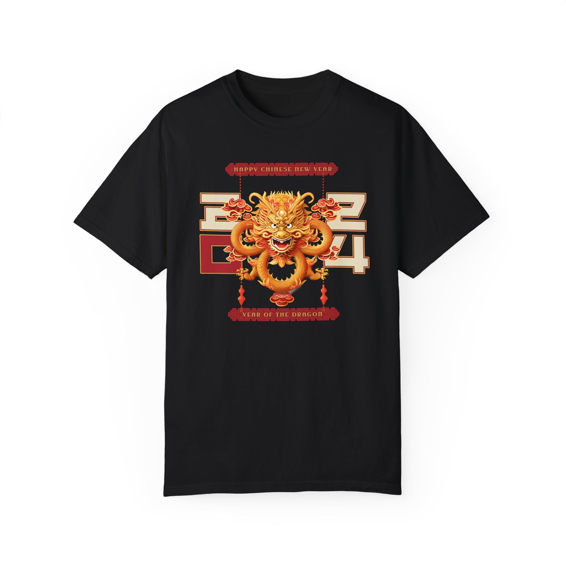 Black color t-shirt celebrating the 2024 year of the dragon Chinese lunar new year with a Chinese dragon and the year 2024 flanking either side with 20 on one side and 24 on the other