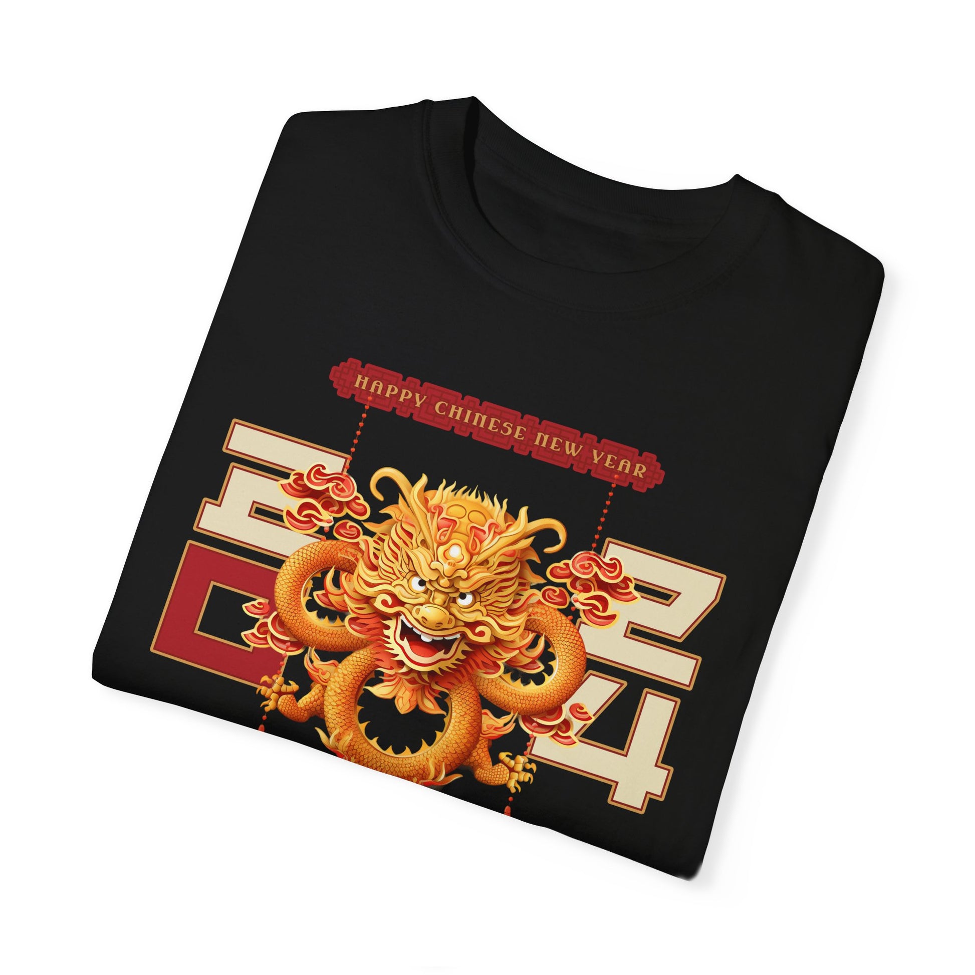 Black folded color t-shirt celebrating the 2024 year of the dragon Chinese lunar new year with a Chinese dragon and the year 2024 flanking either side with 20 on one side and 24 on the other