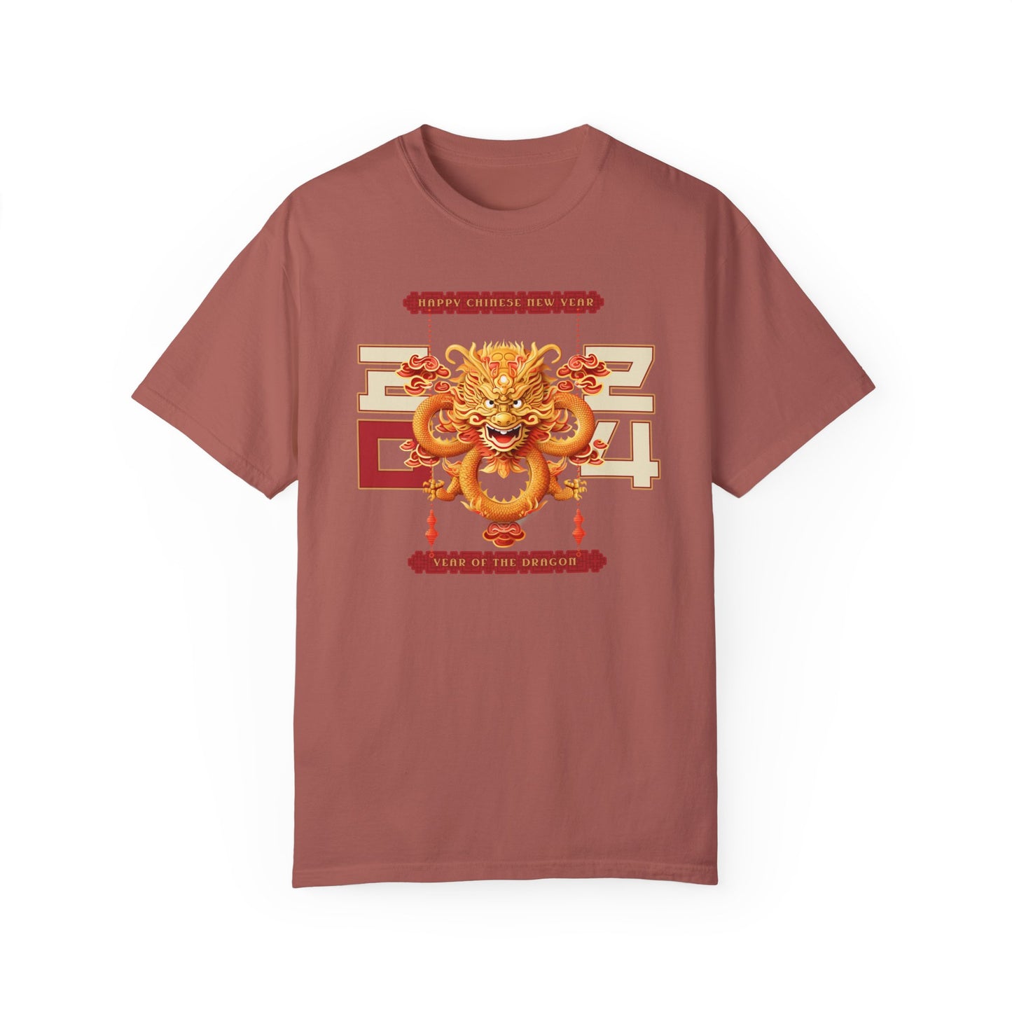 Cumin color t-shirt celebrating the 2024 year of the dragon Chinese lunar new year with a Chinese dragon and the year 2024 flanking either side with 20 on one side and 24 on the other