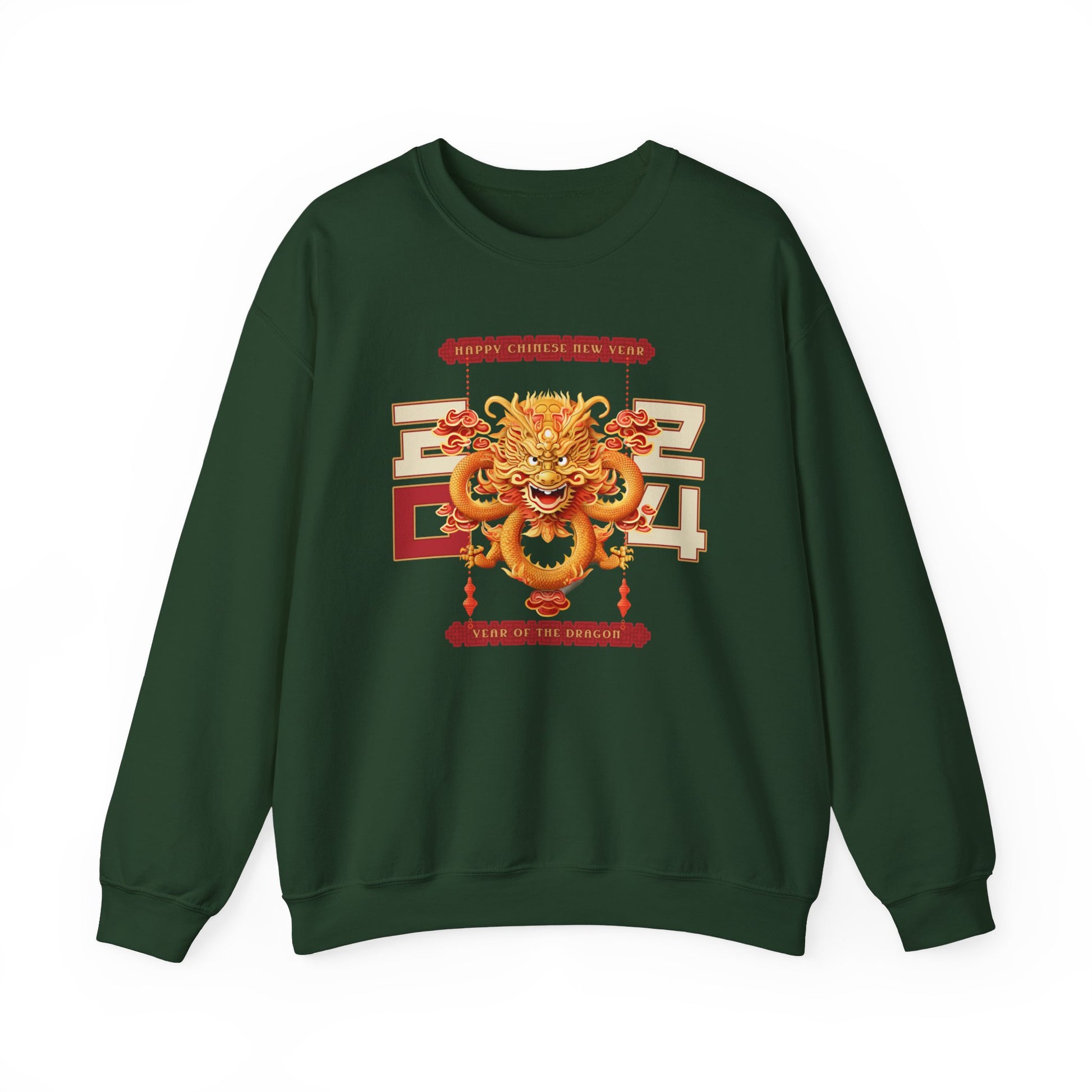 Forest Green color crewneck sweatshirt celebrating the 2024 year of the dragon Chinese lunar new year with a Chinese dragon and the year 2024 flanking either side with 20 on one side and 24 on the other