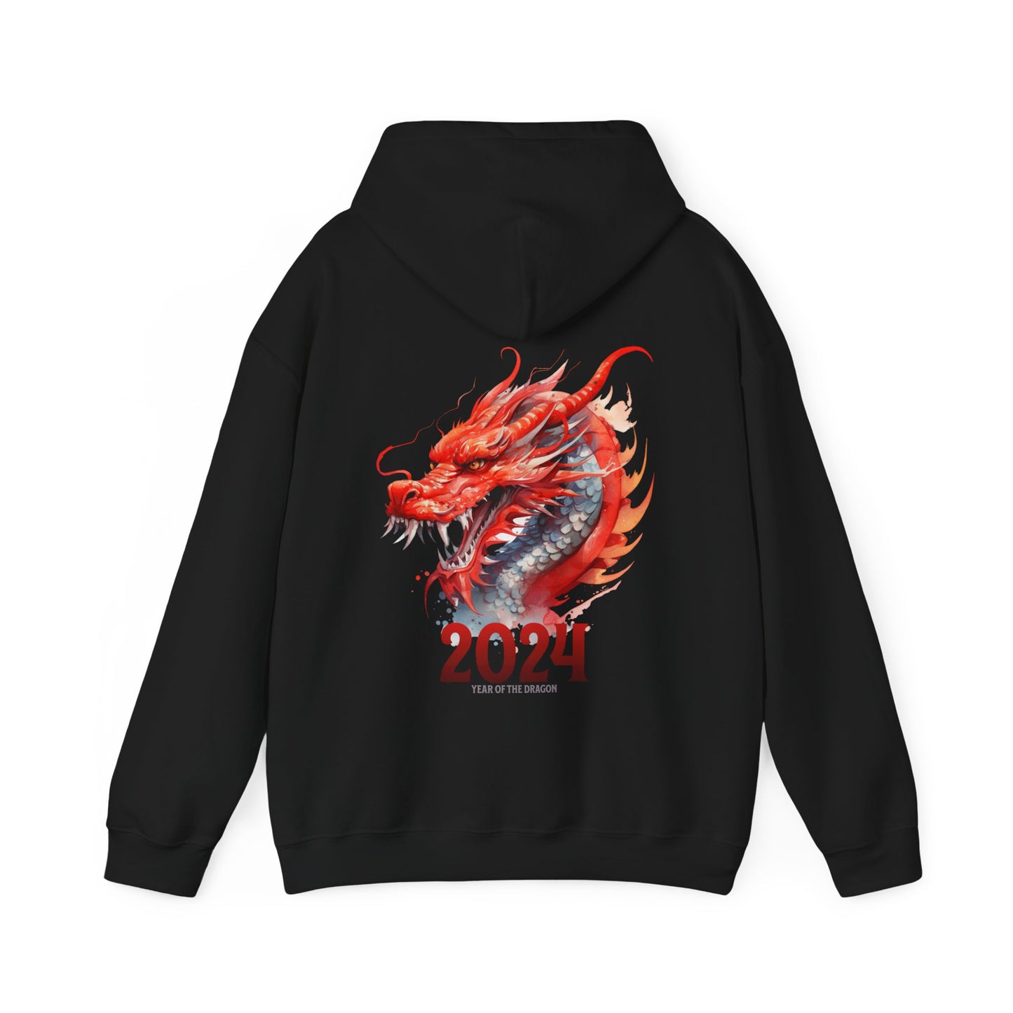 Black color back side of a two side print hooded sweatshirt.  Front side is adorned with a watercolor dragon (different from the one on the back but in the same watercolor style) on the left pocket area of the sweatshirt.  The back has a large watercolor dragon filling the space.