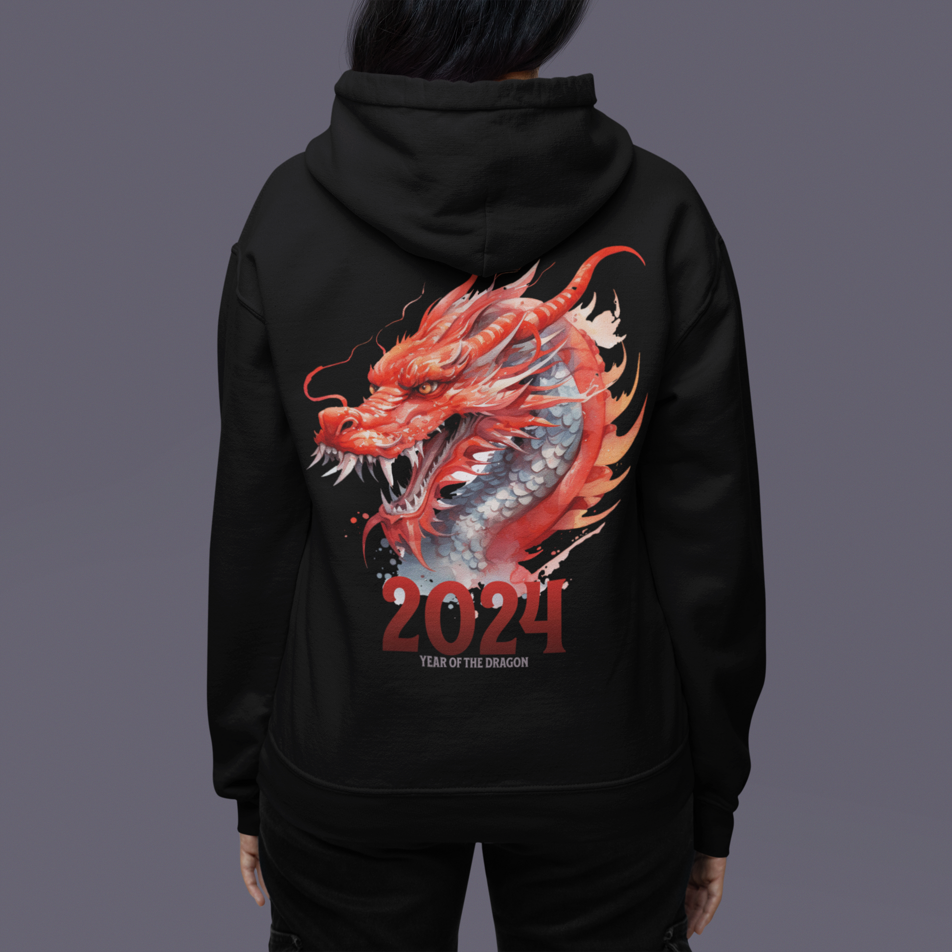 Black color back side of a two side print hooded sweatshirt.  Front side is adorned with a watercolor dragon (different from the one on the back but in the same watercolor style) on the left pocket area of the sweatshirt.  The back has a large watercolor dragon filling the space. Worn by woman