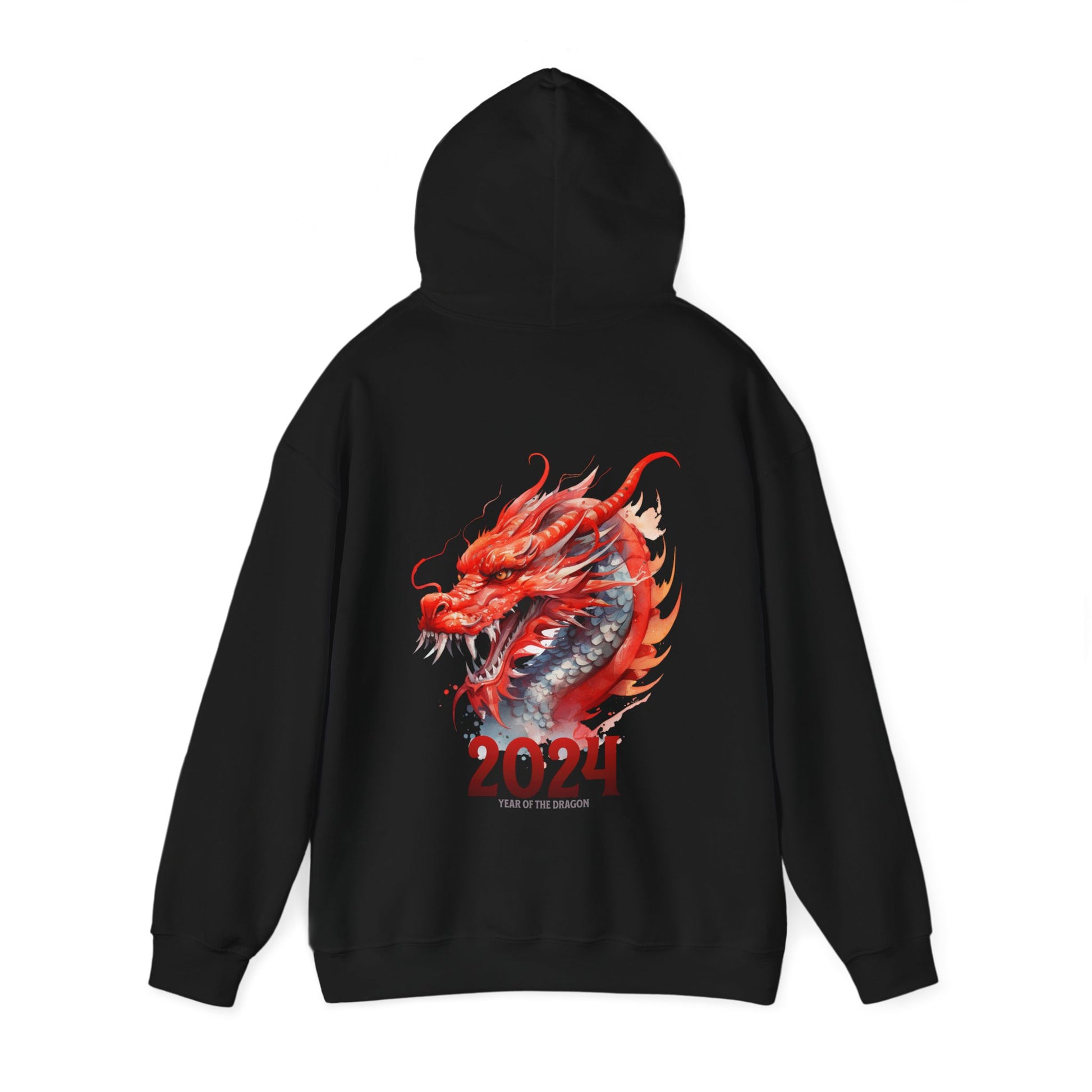 Black color back side hood extended of a two side print hooded sweatshirt.  Front side is adorned with a watercolor dragon (different from the one on the back but in the same watercolor style) on the left pocket area of the sweatshirt.  The back has a large watercolor dragon filling the space.