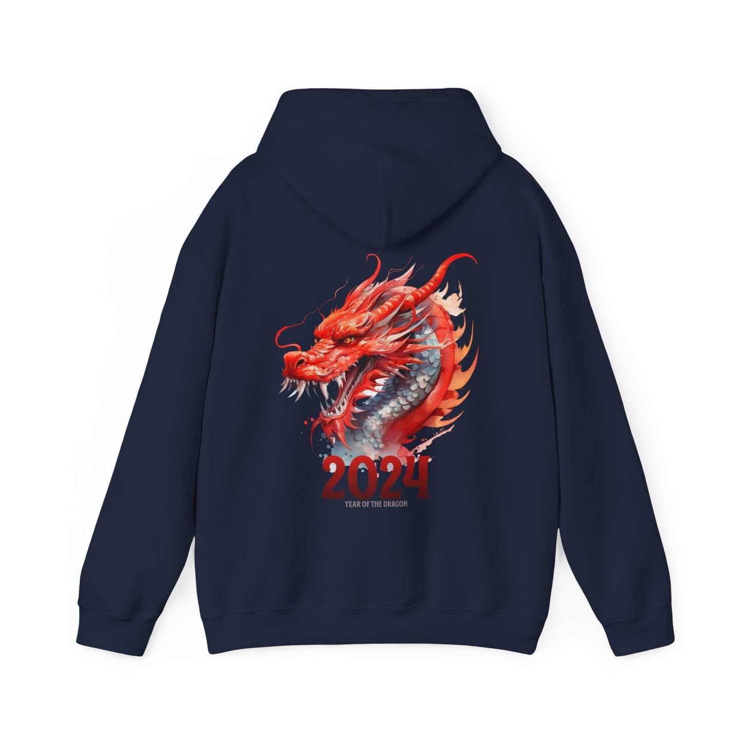 Black color back side of a two side print hooded sweatshirt.  Front side is adorned with a watercolor dragon (different from the one on the back but in the same watercolor style) on the left pocket area of the sweatshirt.  The back has a large watercolor dragon filling the space.