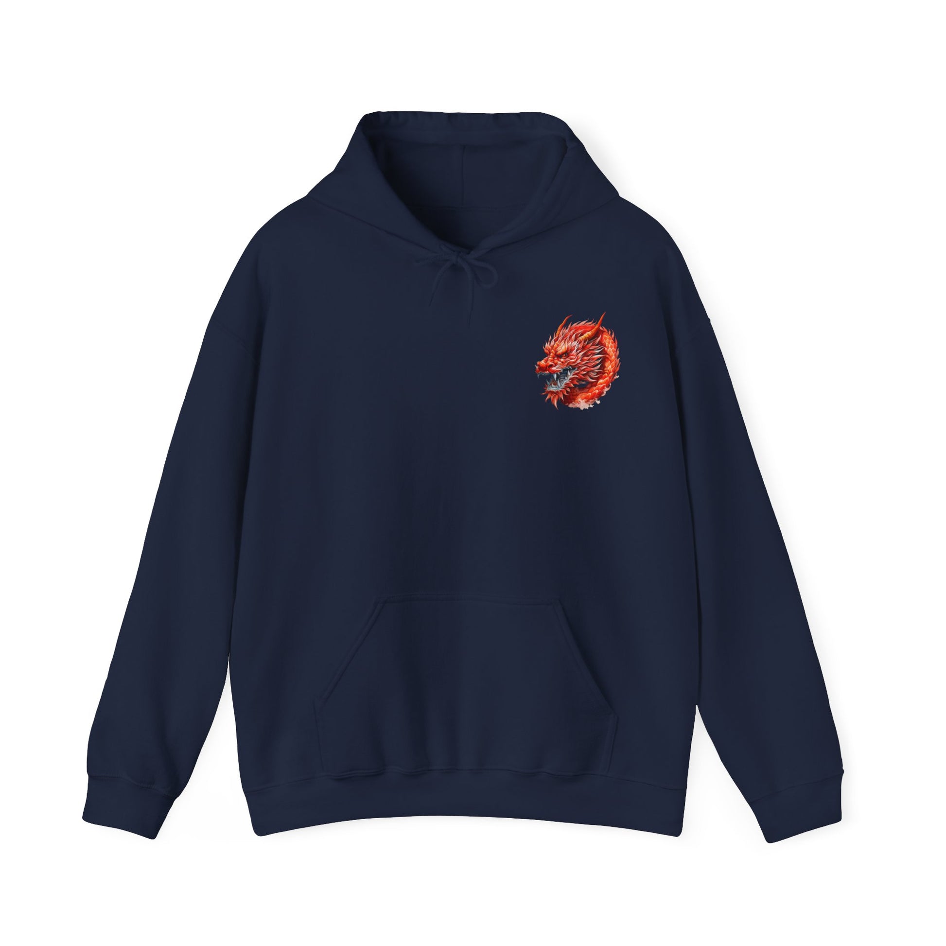 Navy color front side of a two side print hooded sweatshirt.  Front side is adorned with a watercolor dragon (different from the one on the back but in the same watercolor style) on the left pocket area of the sweatshirt.  The back has a large watercolor dragon filling the space.