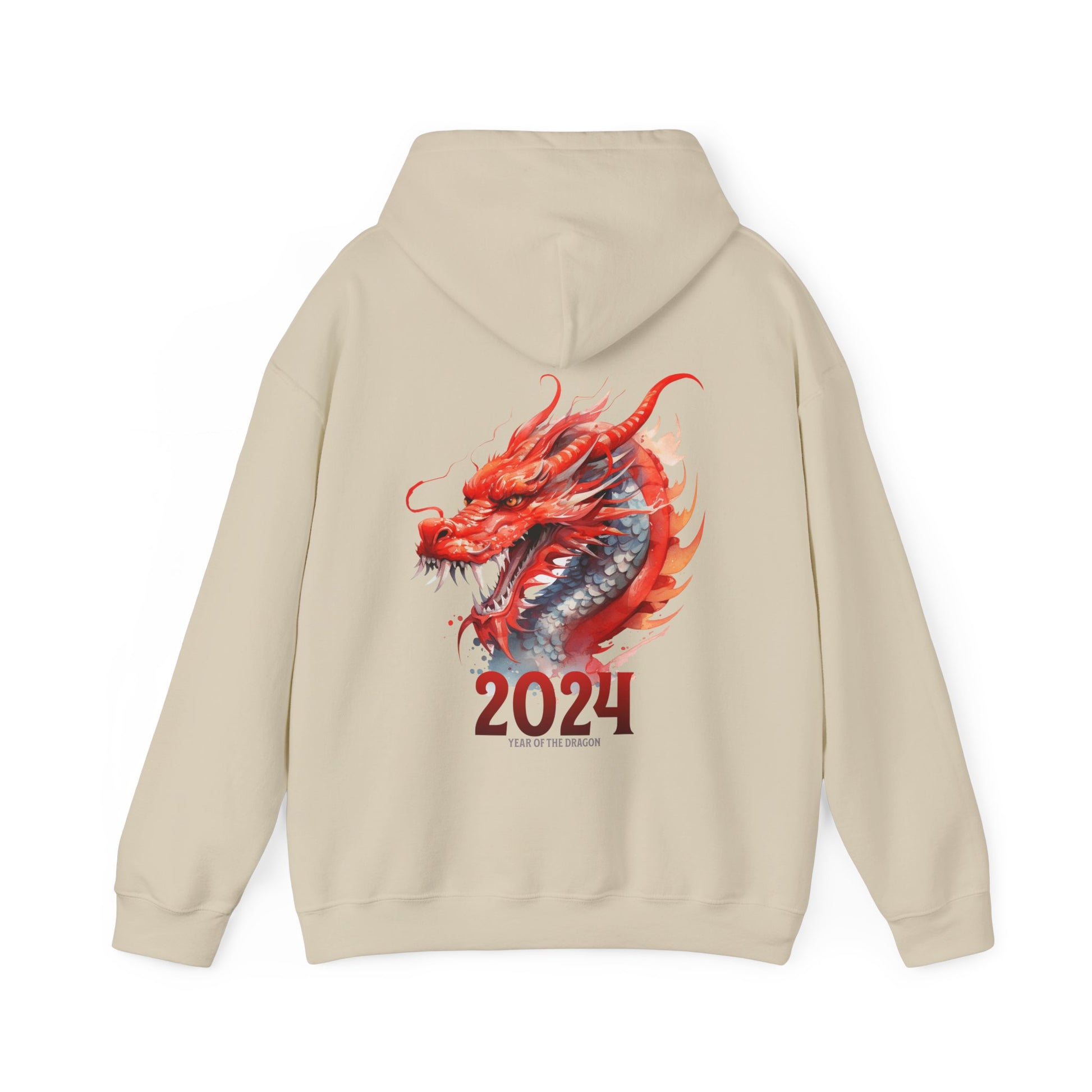 Sand color back side of a two side print hooded sweatshirt.  Front side is adorned with a watercolor dragon (different from the one on the back but in the same watercolor style) on the left pocket area of the sweatshirt.  The back has a large watercolor dragon filling the space.