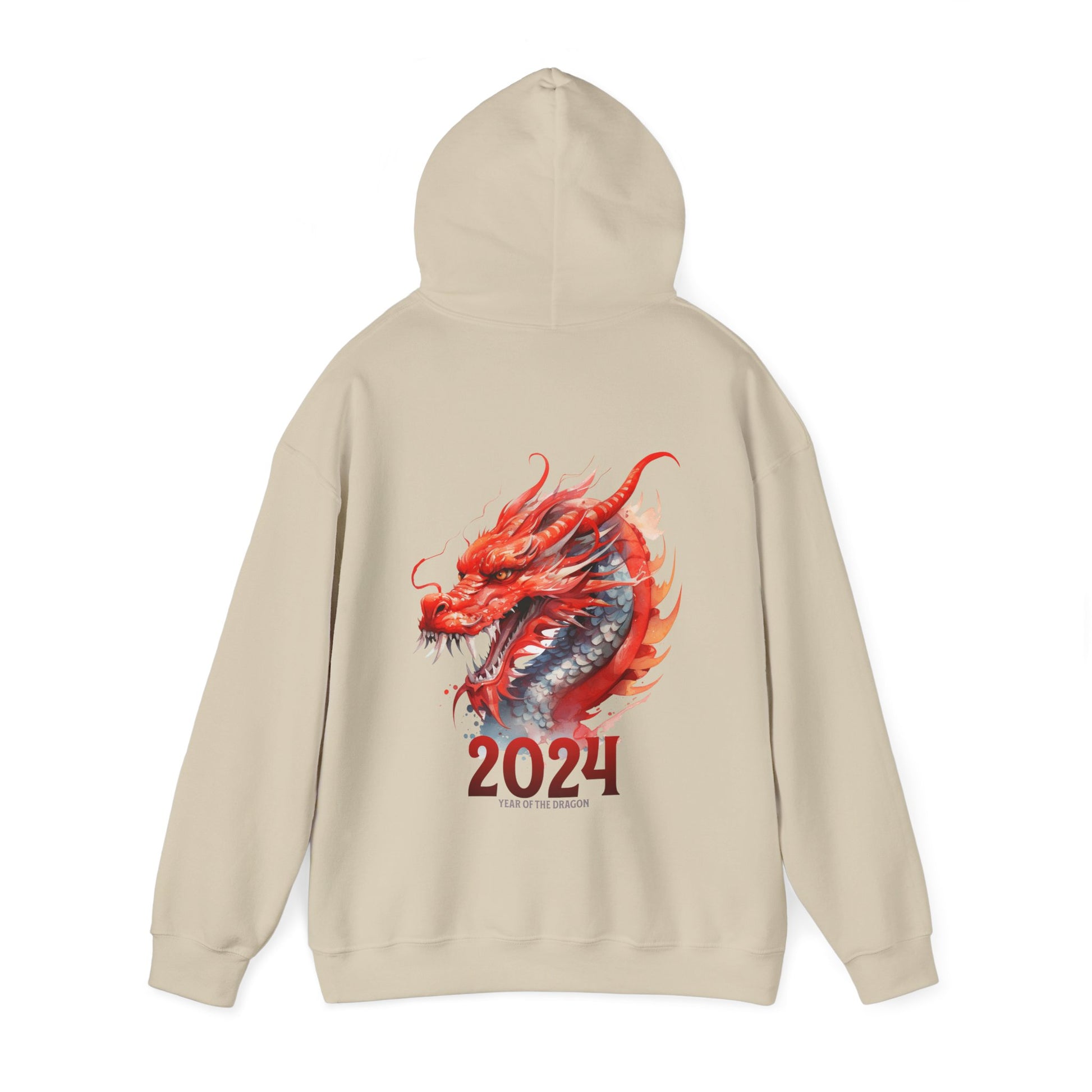 Sand color back side hood extended of a two side print hooded sweatshirt.  Front side is adorned with a watercolor dragon (different from the one on the back but in the same watercolor style) on the left pocket area of the sweatshirt.  The back has a large watercolor dragon filling the space.