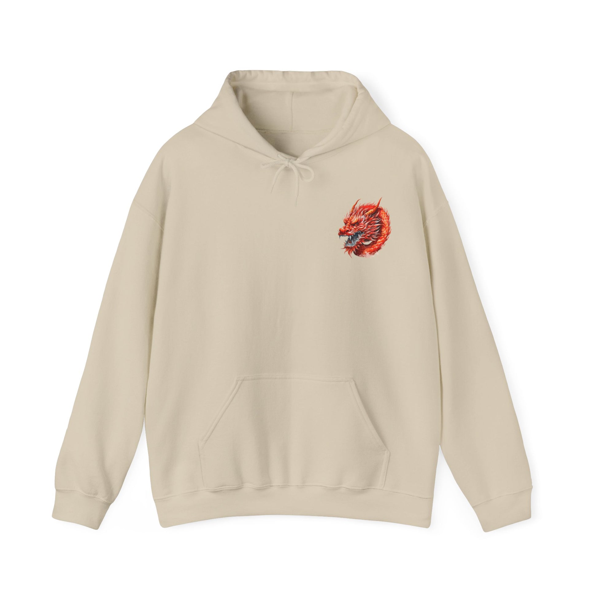 Sand color front side of a two side print hooded sweatshirt.  Front side is adorned with a watercolor dragon (different from the one on the back but in the same watercolor style) on the left pocket area of the sweatshirt.  The back has a large watercolor dragon filling the space.