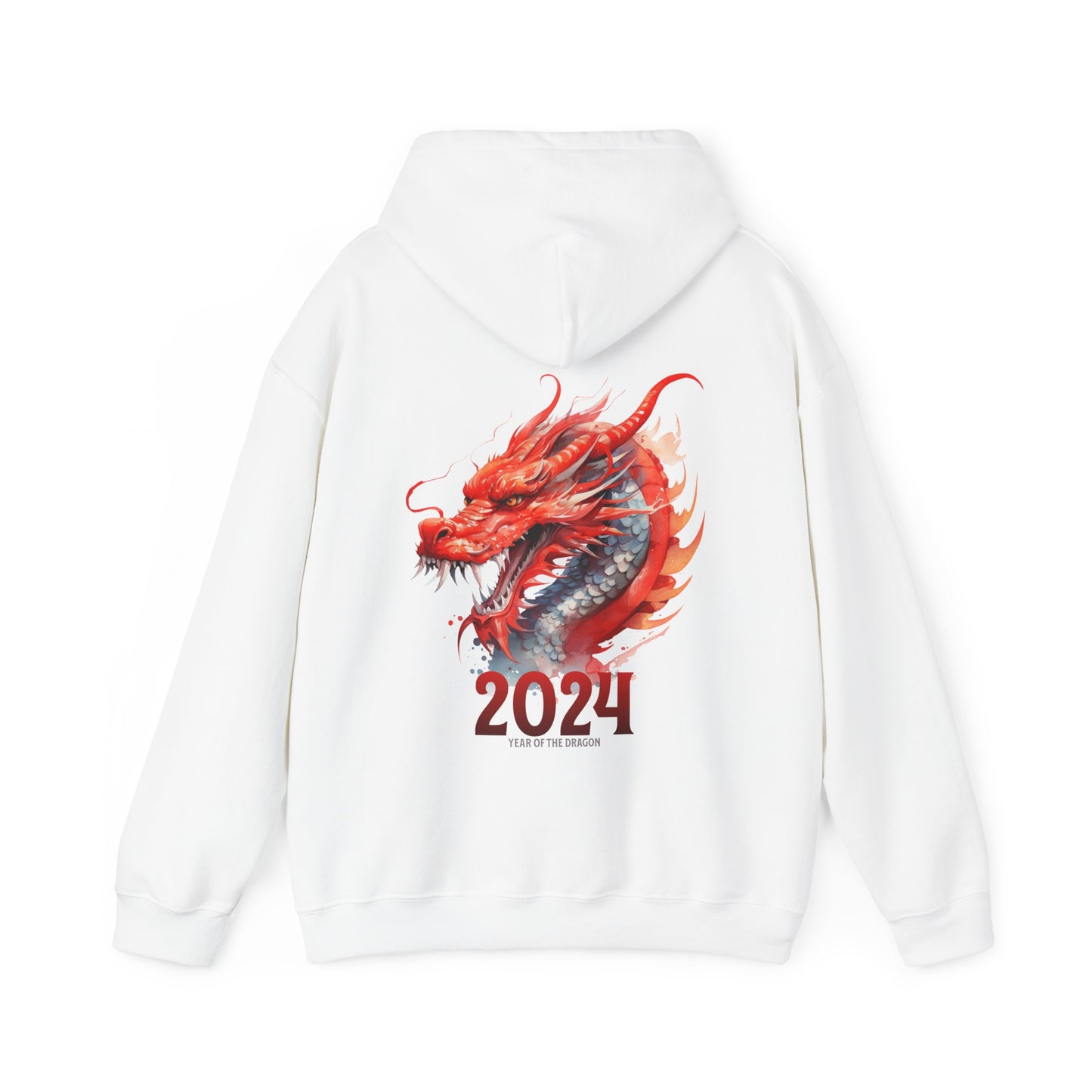 White color back side of a two side print hooded sweatshirt.  Front side is adorned with a watercolor dragon (different from the one on the back but in the same watercolor style) on the left pocket area of the sweatshirt.  The back has a large watercolor dragon filling the space.