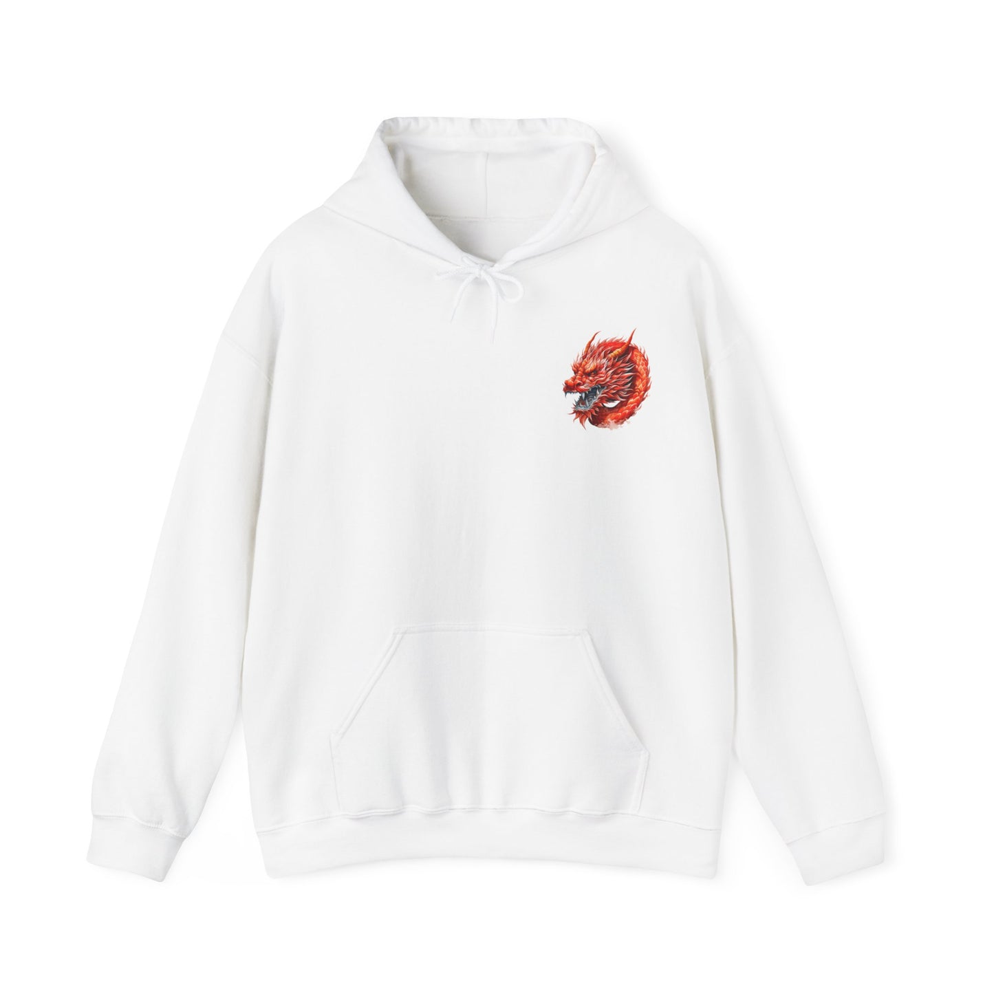 White color front side of a two side print hooded sweatshirt.  Front side is adorned with a watercolor dragon (different from the one on the back but in the same watercolor style) on the left pocket area of the sweatshirt.  The back has a large watercolor dragon filling the space.