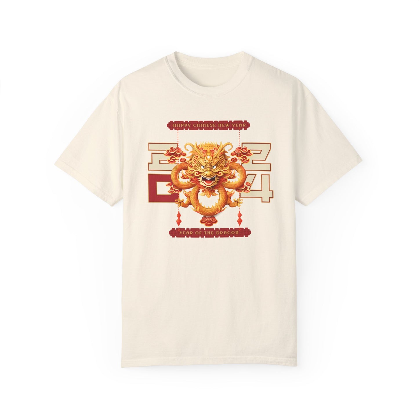 Ivory color t-shirt celebrating the 2024 year of the dragon Chinese lunar new year with a Chinese dragon and the year 2024 flanking either side with 20 on one side and 24 on the other