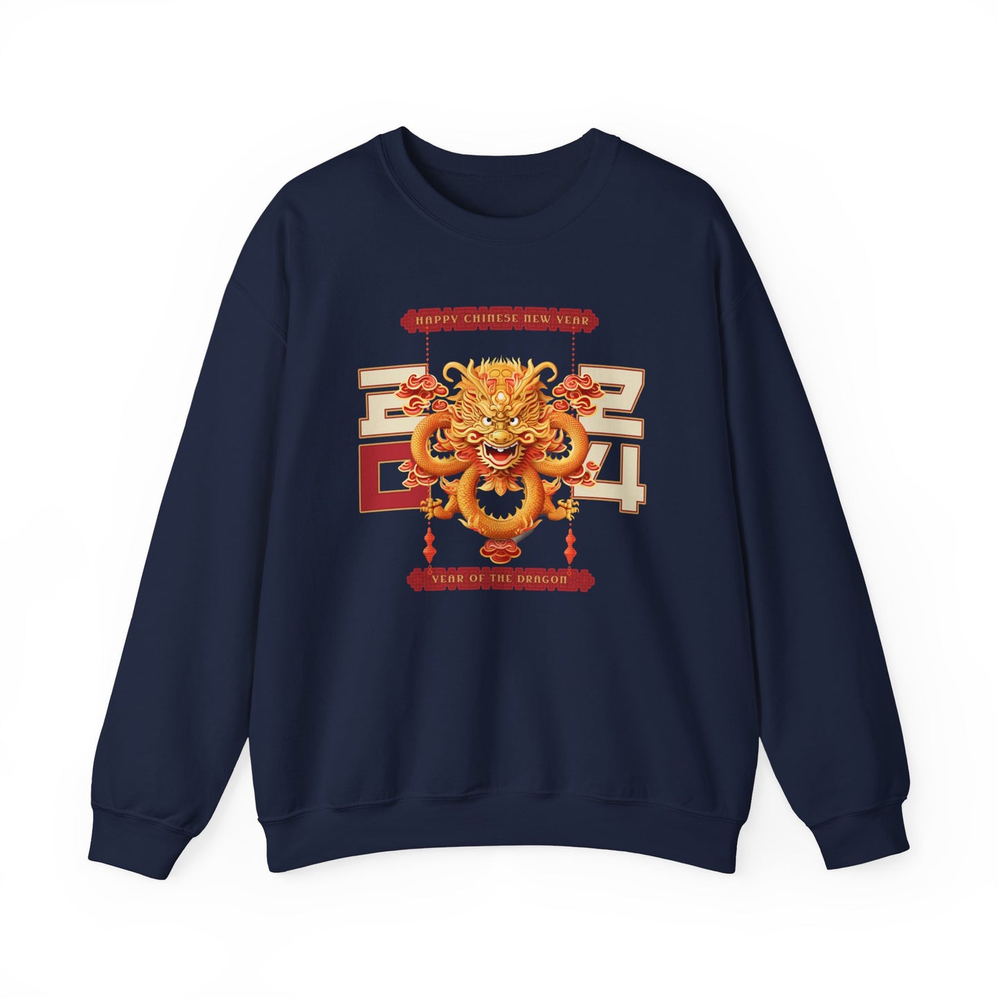 Navy color crewneck sweatshirt celebrating the 2024 year of the dragon Chinese lunar new year with a Chinese dragon and the year 2024 flanking either side with 20 on one side and 24 on the other