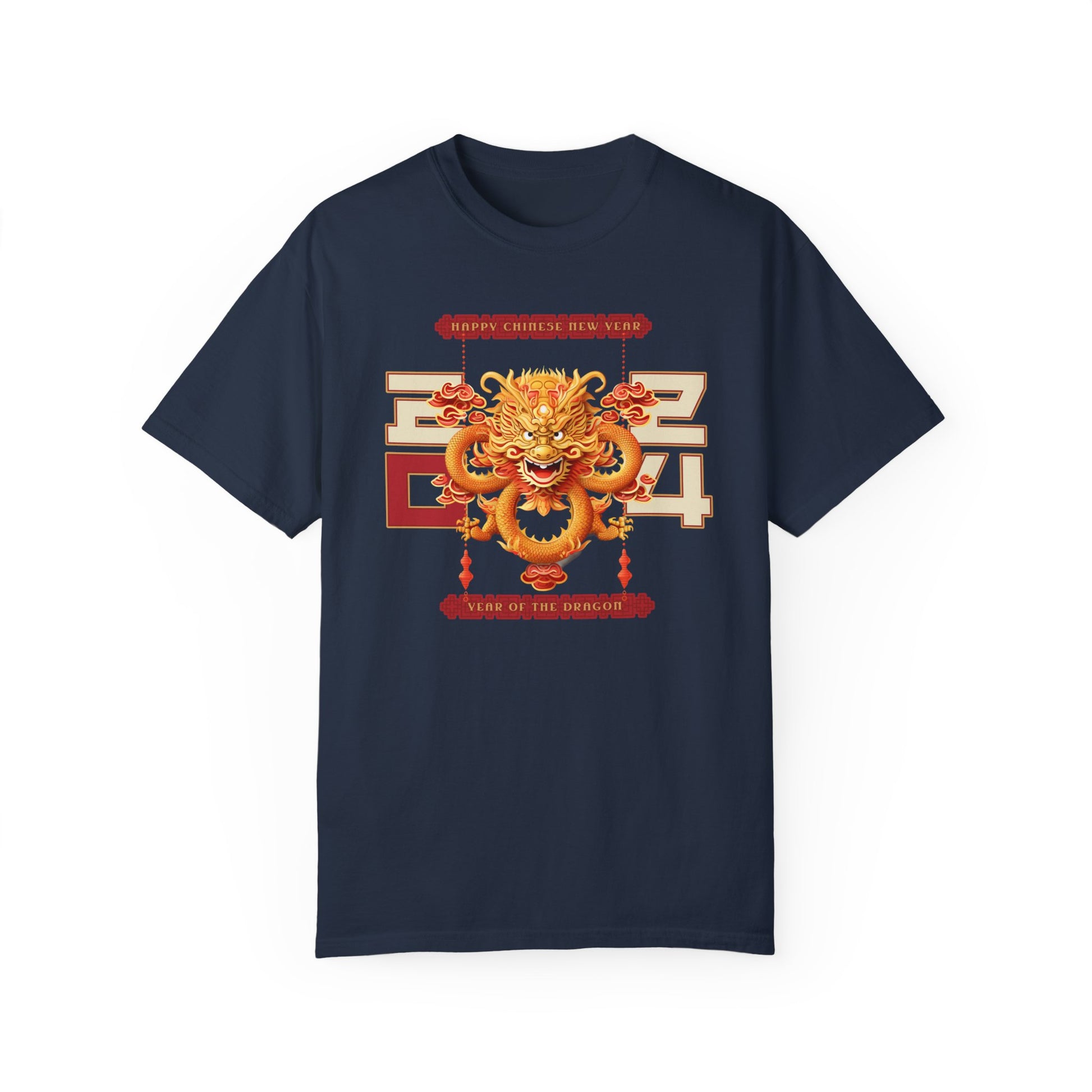 Navy color t-shirt celebrating the 2024 year of the dragon Chinese lunar new year with a Chinese dragon and the year 2024 flanking either side with 20 on one side and 24 on the other