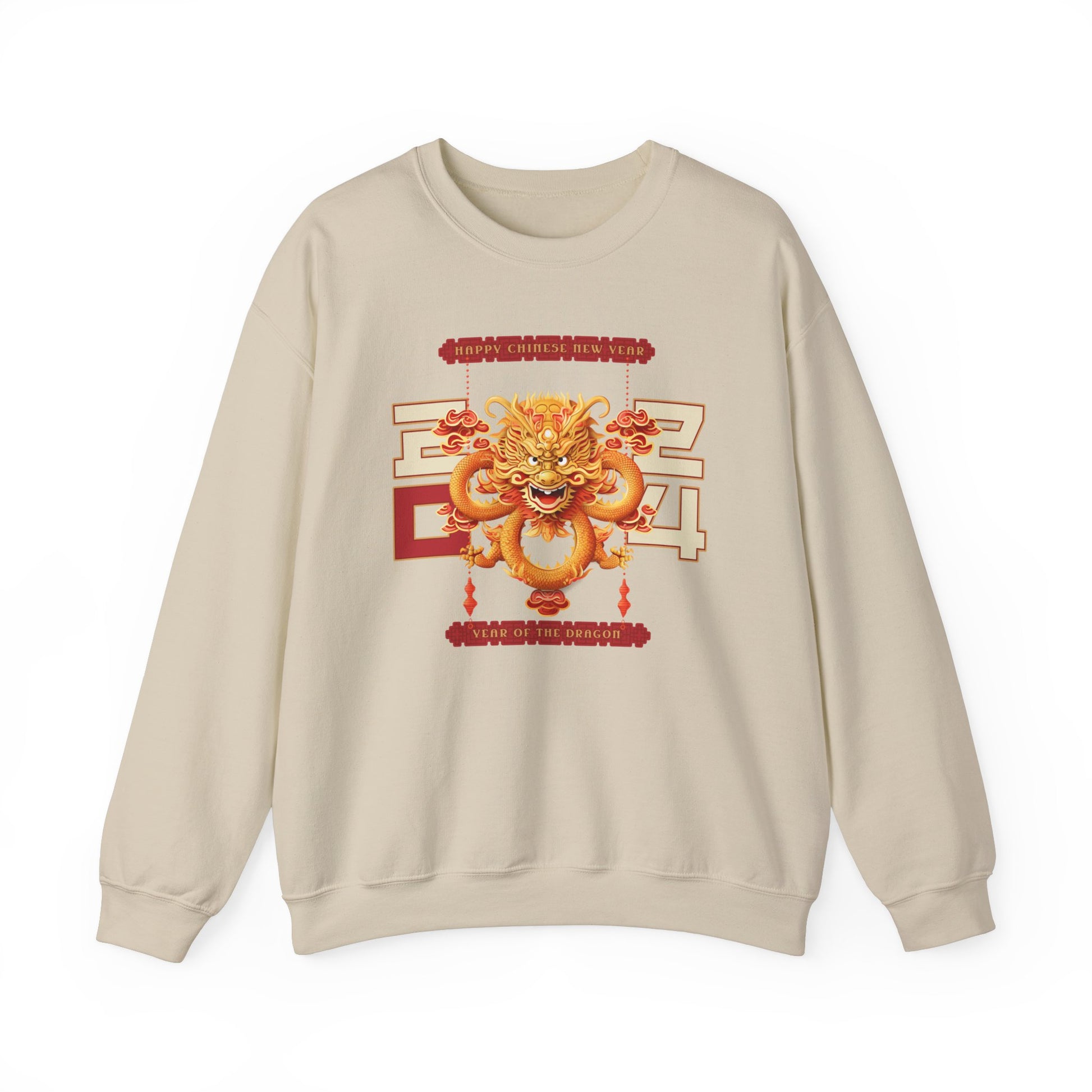 Sand color crewneck sweatshirt celebrating the 2024 year of the dragon Chinese lunar new year with a Chinese dragon and the year 2024 flanking either side with 20 on one side and 24 on the other