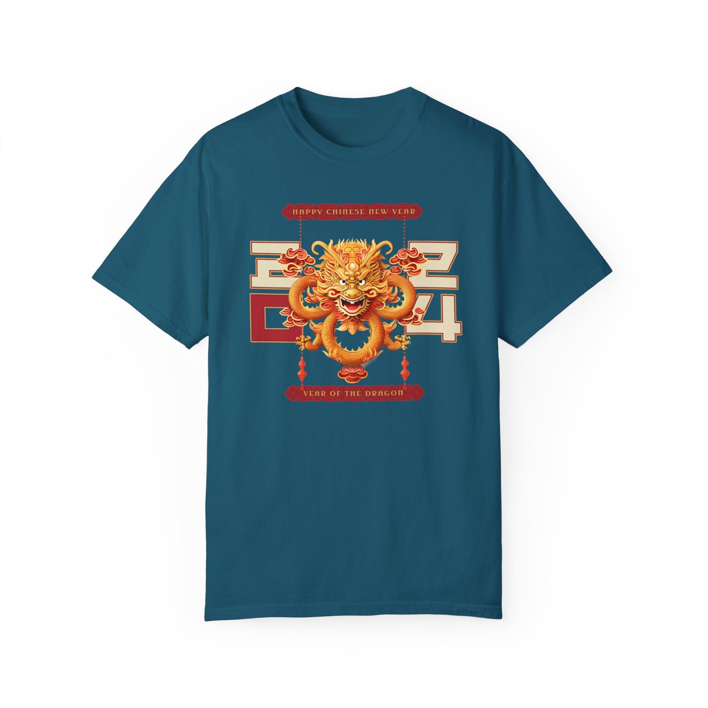 Topaz Blue color t-shirt celebrating the 2024 year of the dragon Chinese lunar new year with a Chinese dragon and the year 2024 flanking either side with 20 on one side and 24 on the other