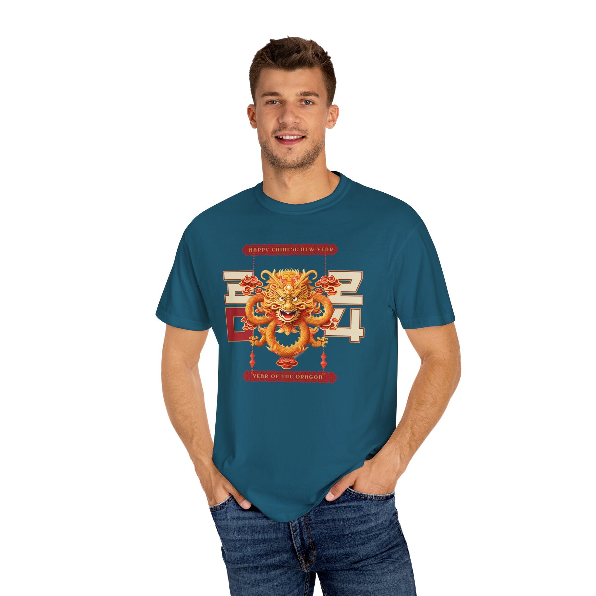 Topaz Blue color t-shirt celebrating the 2024 year of the dragon Chinese lunar new year with a Chinese dragon and the year 2024 flanking either side with 20 on one side and 24 on the other worn by male