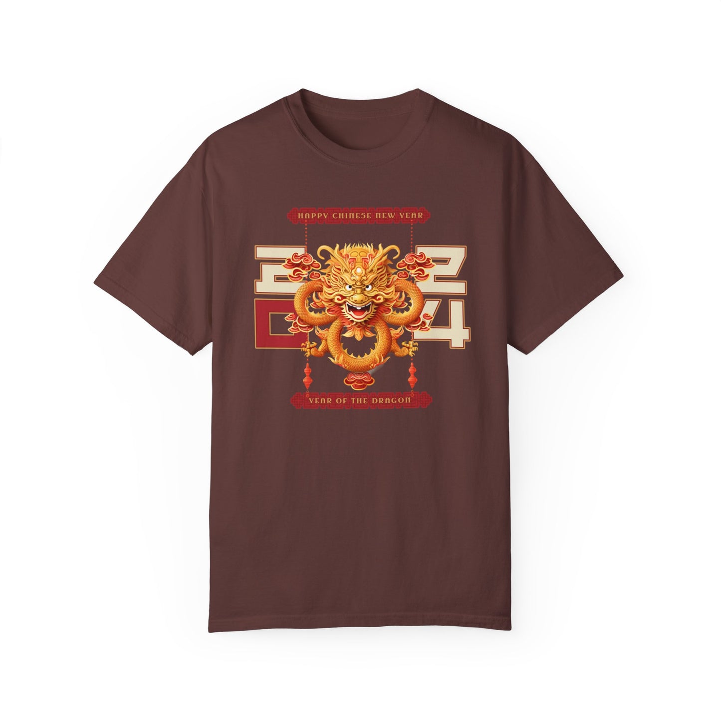 Vineyard color t-shirt celebrating the 2024 year of the dragon Chinese lunar new year with a Chinese dragon and the year 2024 flanking either side with 20 on one side and 24 on the other