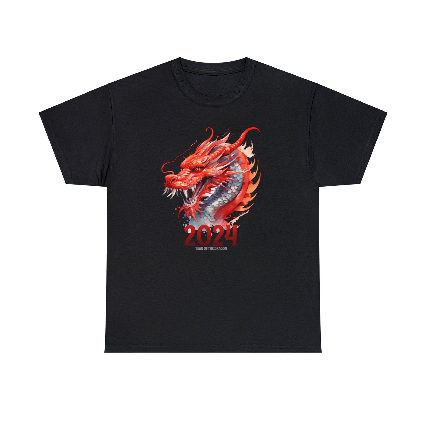 Black color 2024 year of the dragon t-shirt with watercolor Chinese style dragon with 2024 underneath and in small writing year of the dragon under the 2024.  Design fills front of shirt.