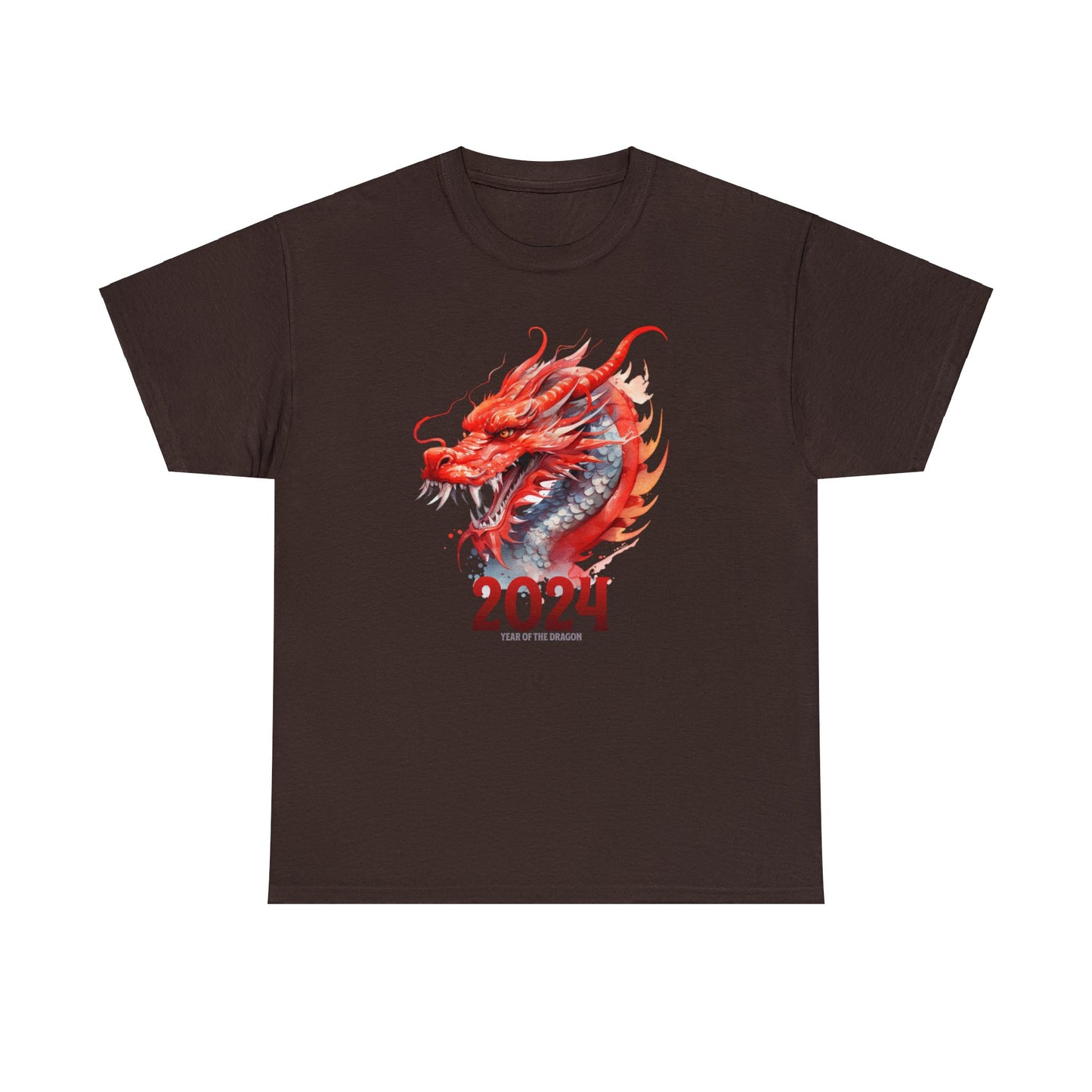 Chocolate color 2024 year of the dragon t-shirt with watercolor Chinese style dragon with 2024 underneath and in small writing year of the dragon under the 2024.  Design fills front of shirt.