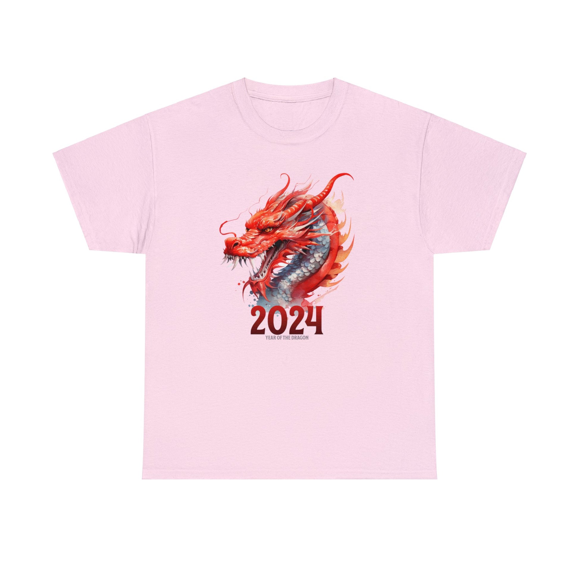 Light Pink color 2024 year of the dragon t-shirt with watercolor Chinese style dragon with 2024 underneath and in small writing year of the dragon under the 2024.  Design fills front of shirt.