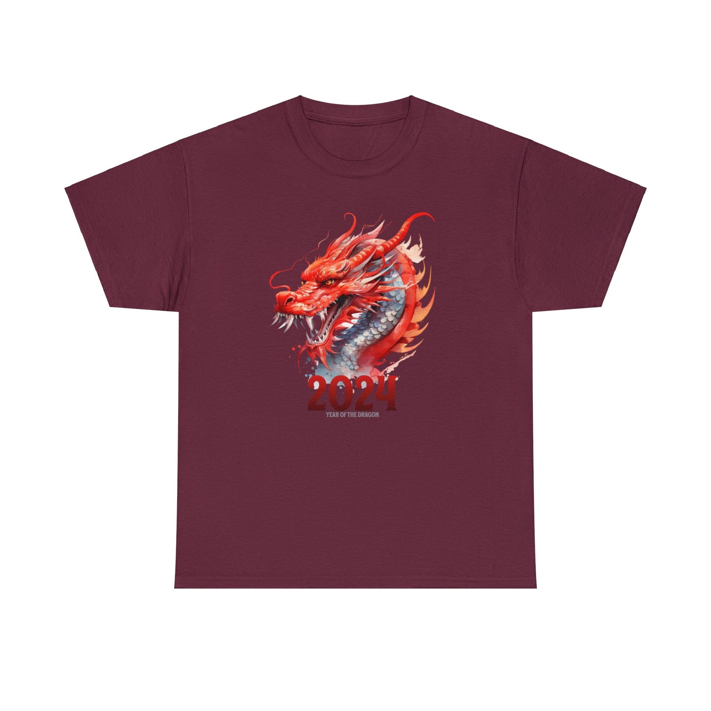 Maroon color 2024 year of the dragon t-shirt with watercolor Chinese style dragon with 2024 underneath and in small writing year of the dragon under the 2024.  Design fills front of shirt.