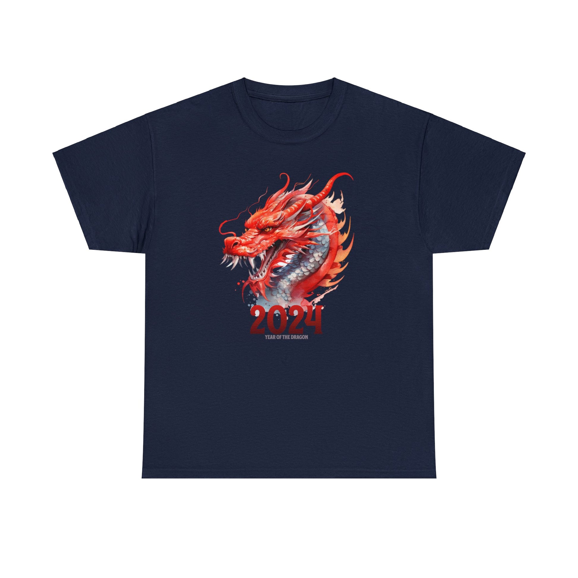 Navy color 2024 year of the dragon t-shirt with watercolor Chinese style dragon with 2024 underneath and in small writing year of the dragon under the 2024.  Design fills front of shirt.