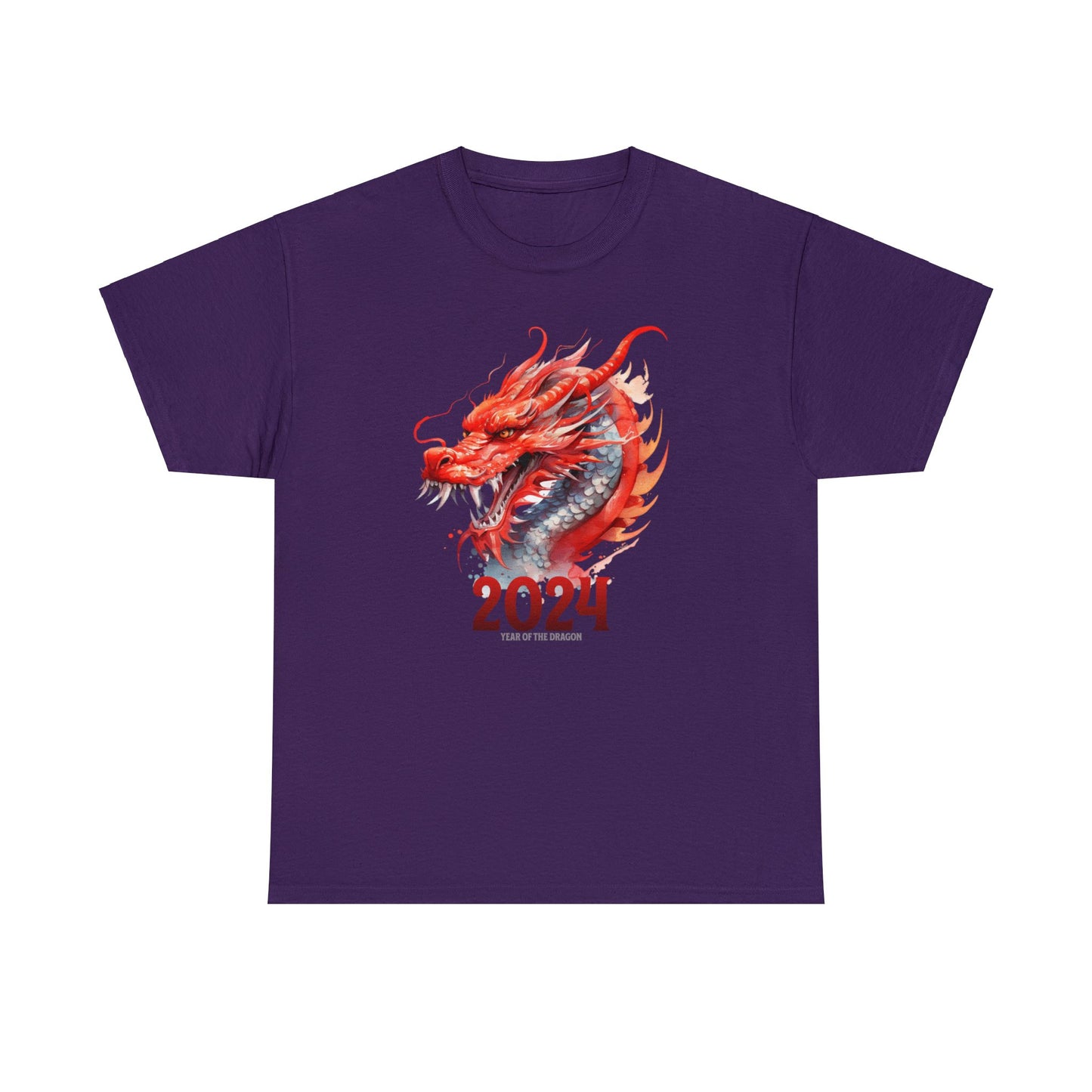 Purple color 2024 year of the dragon t-shirt with watercolor Chinese style dragon with 2024 underneath and in small writing year of the dragon under the 2024.  Design fills front of shirt.