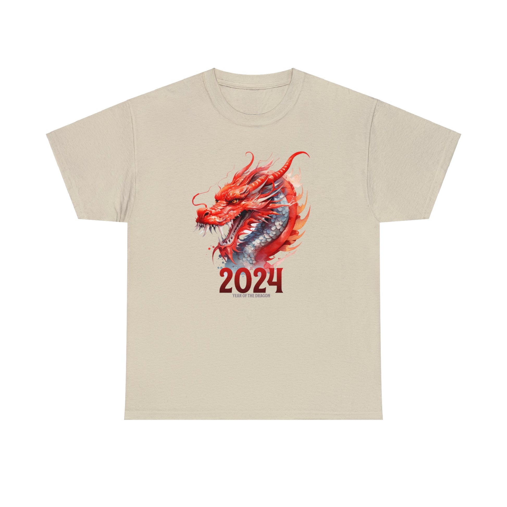 Sand color 2024 year of the dragon t-shirt with watercolor Chinese style dragon with 2024 underneath and in small writing year of the dragon under the 2024.  Design fills front of shirt.