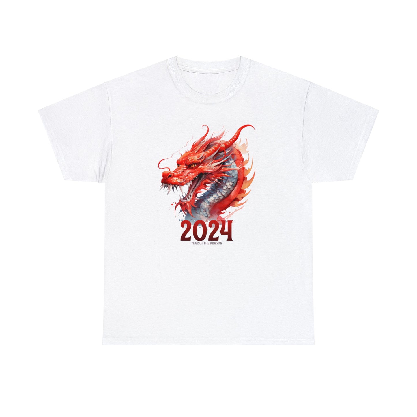 White color 2024 year of the dragon t-shirt with watercolor Chinese style dragon with 2024 underneath and in small writing year of the dragon under the 2024.  Design fills front of shirt.