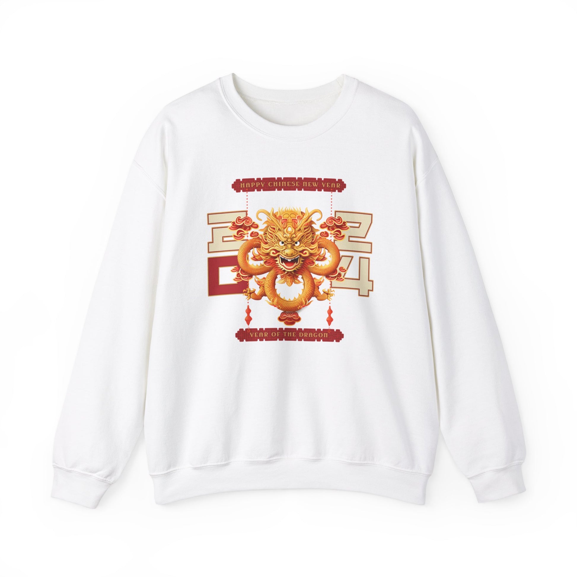 White color crewneck sweatshirt celebrating the 2024 year of the dragon Chinese lunar new year with a Chinese dragon and the year 2024 flanking either side with 20 on one side and 24 on the other