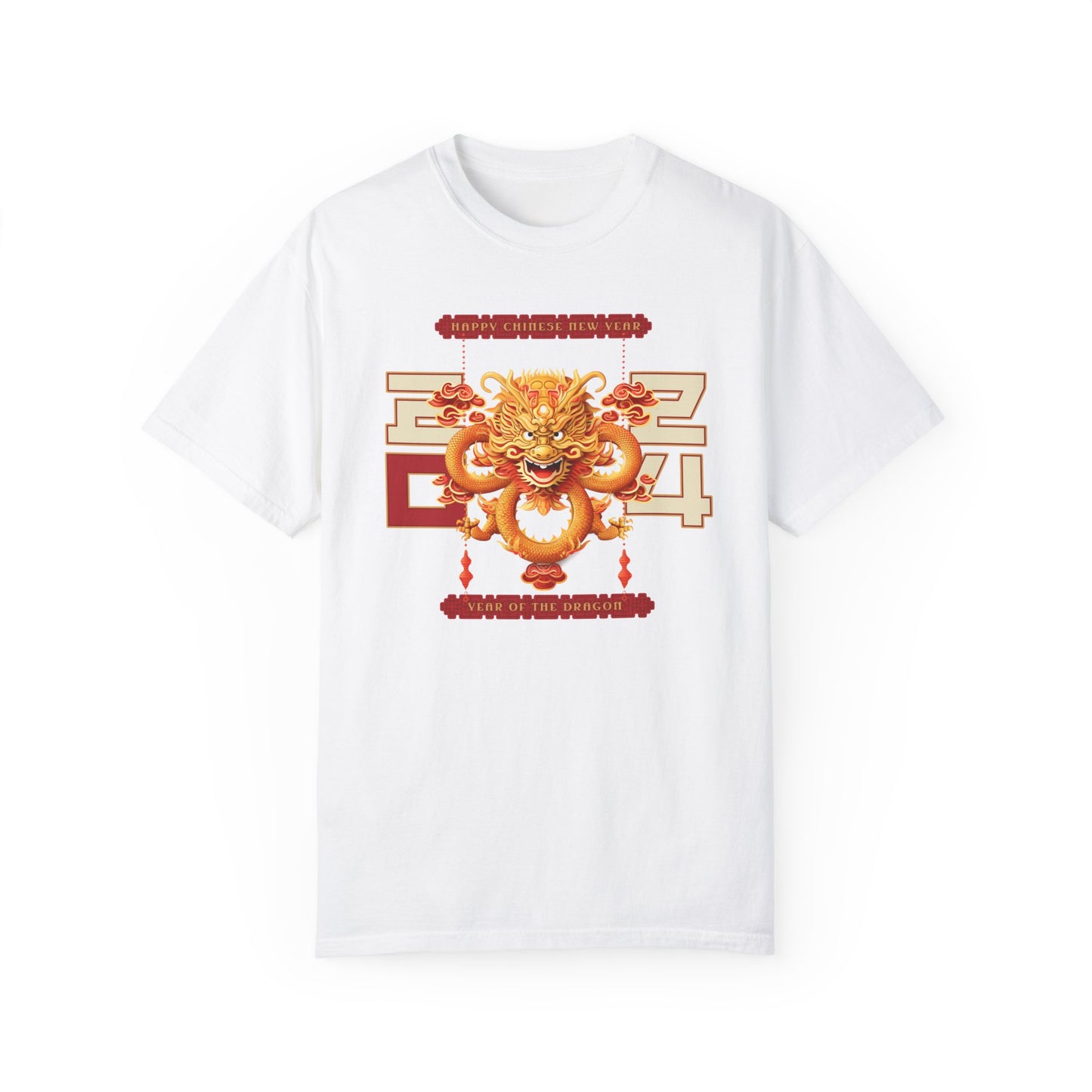 White color t-shirt celebrating the 2024 year of the dragon Chinese lunar new year with a Chinese dragon and the year 2024 flanking either side with 20 on one side and 24 on the other