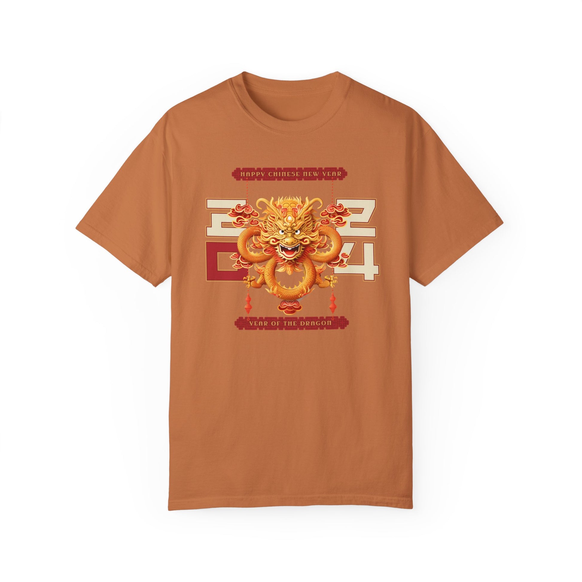 Yam color t-shirt celebrating the 2024 year of the dragon Chinese lunar new year with a Chinese dragon and the year 2024 flanking either side with 20 on one side and 24 on the other