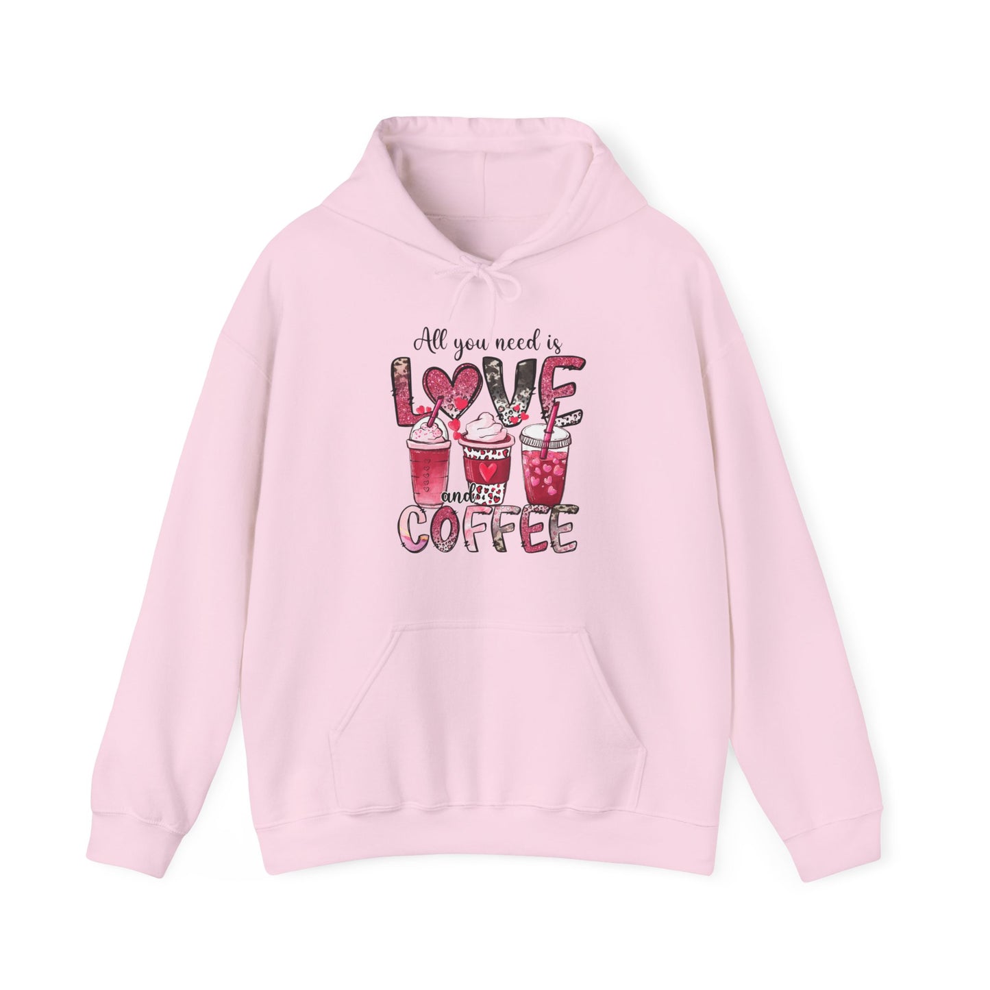 Light Pink hooded graphic sweatshirt with coffee graphic on front.  Three different style of coffees and the words "All You Need is Love and Coffee".  Back of sweatshirt is plain , no graphic.