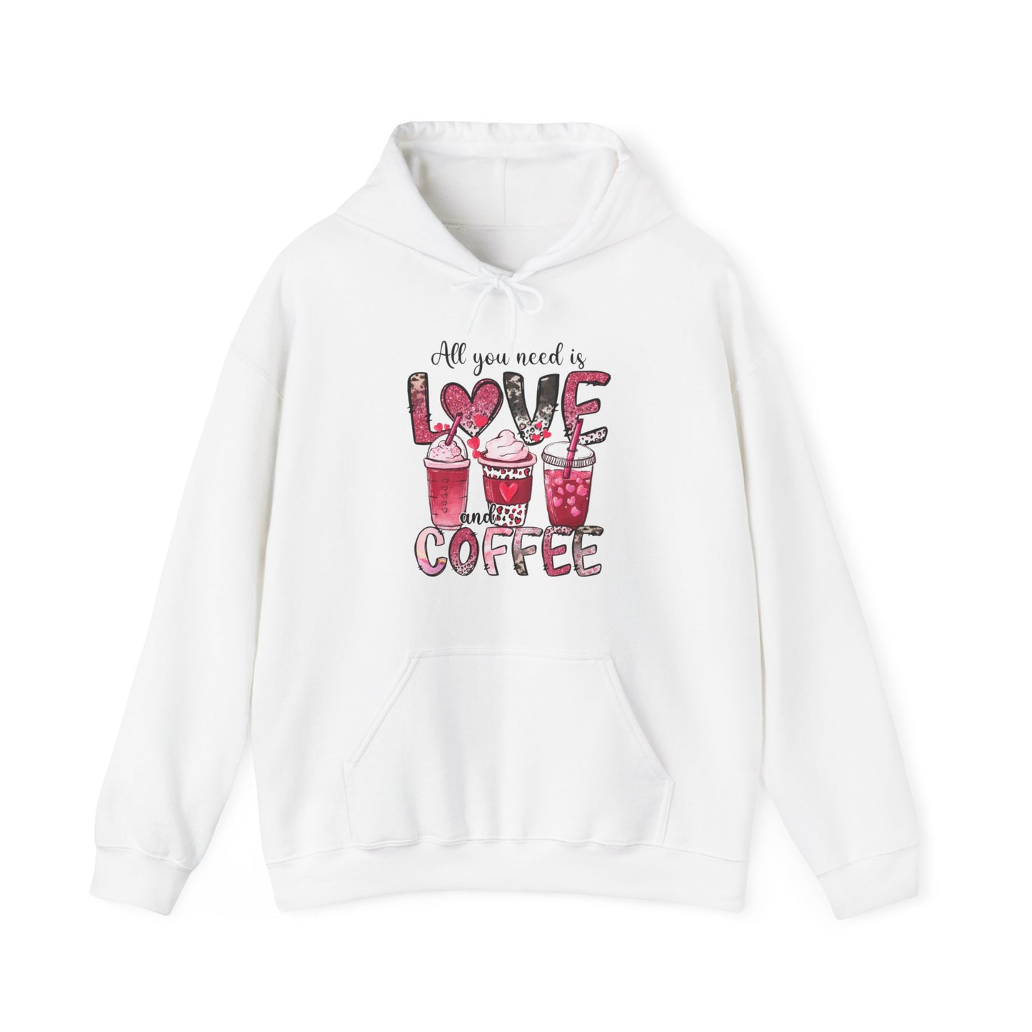 White hooded graphic sweatshirt with coffee graphic on front.  Three different style of coffees and the words "All You Need is Love and Coffee".  Back of sweatshirt is plain , no graphic.