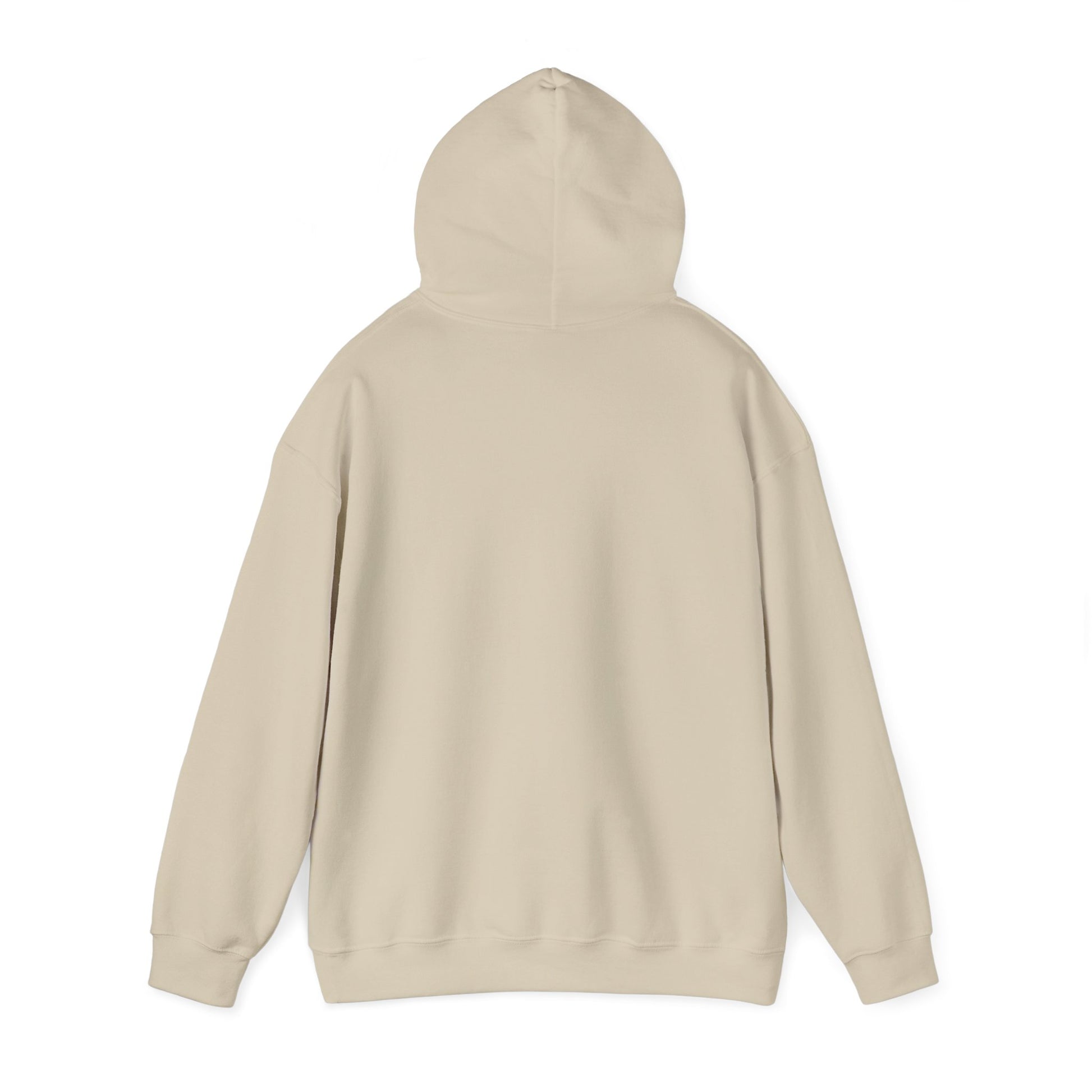 Back of Sand colored hooded sweatshirt hood extended - plain no graphic