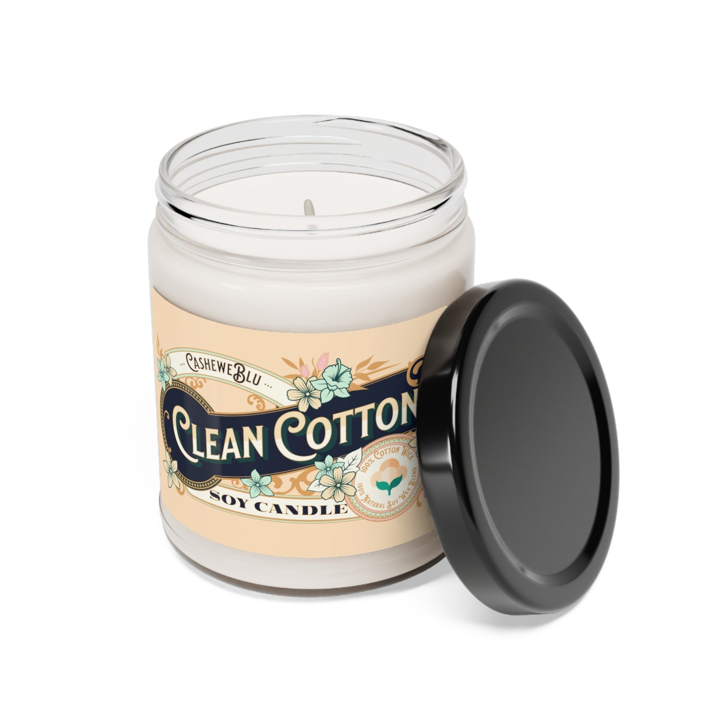 Clean Cotton 9 oz soy candle with lid leading on jar