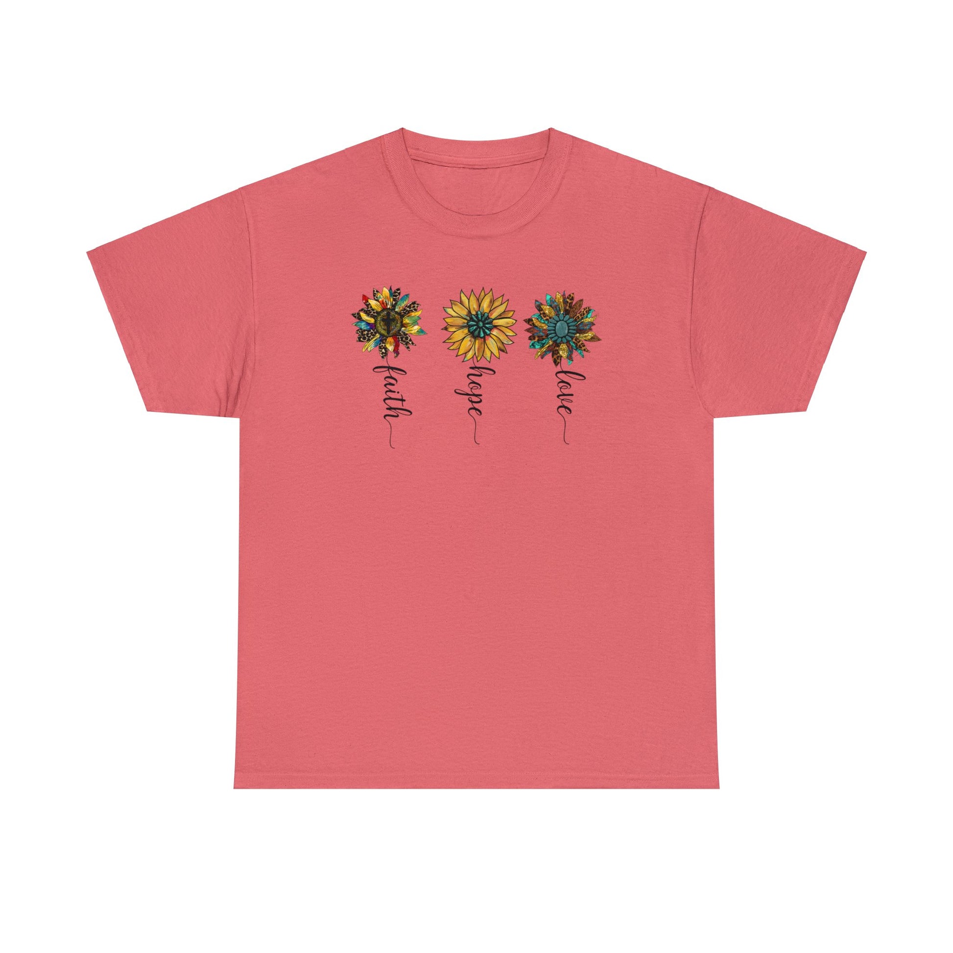 Coral Silk colored t-shirt with 3 different rustic vintage style sunflowers each with a different word as the stem.  Words are faith, hope and love. Graphic is on front of the shirt.