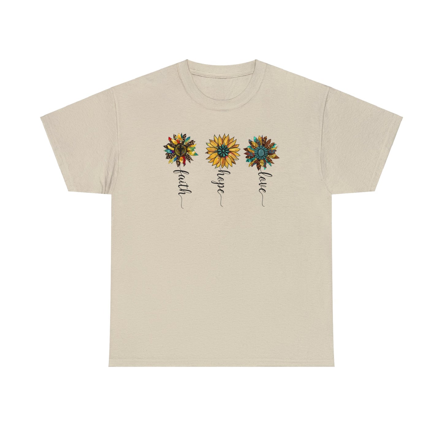 Sand colored t-shirt with 3 different rustic vintage style sunflowers each with a different word as the stem.  Words are faith, hope and love. Graphic is on front of the shirt.