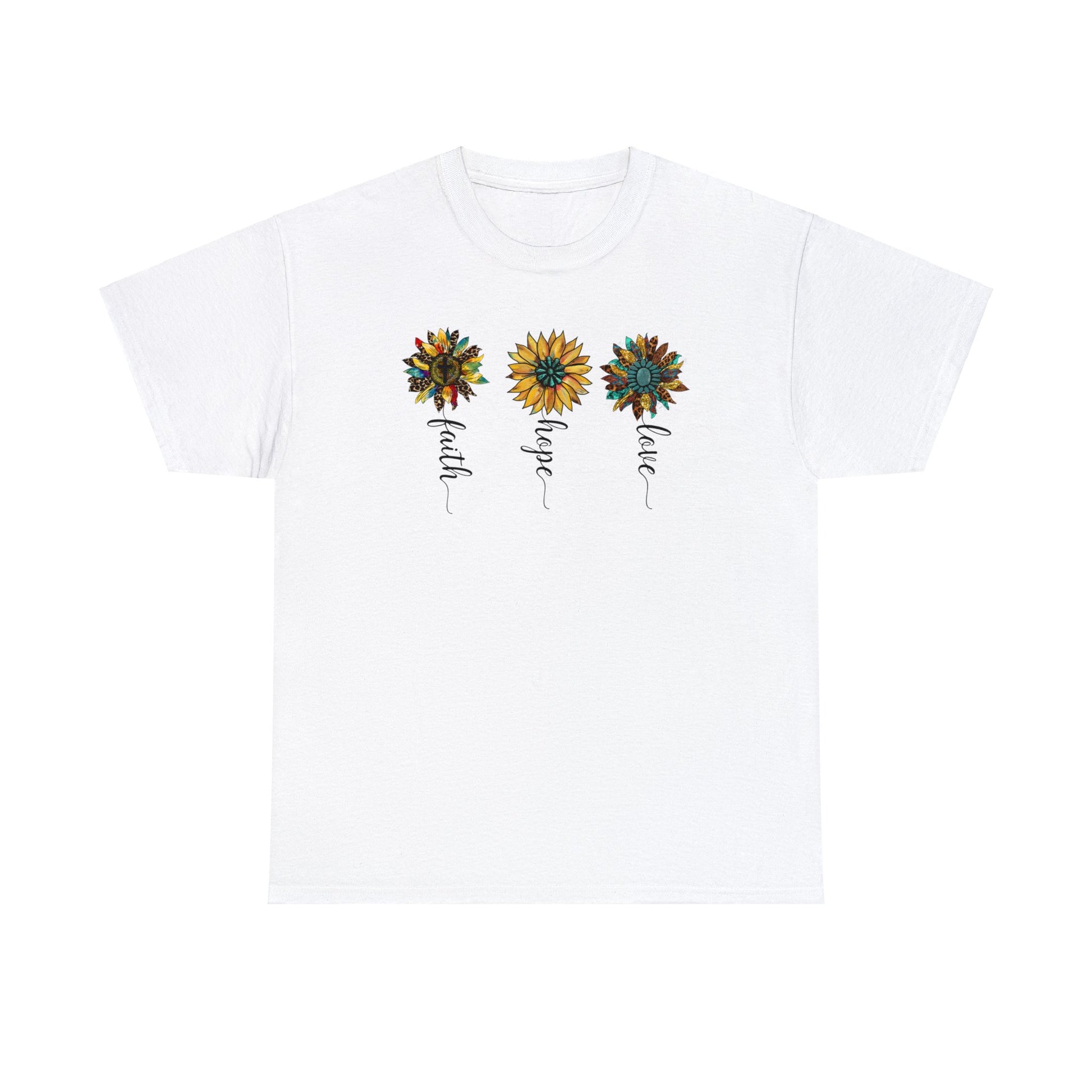 White colored t-shirt with 3 different rustic vintage style sunflowers each with a different word as the stem.  Words are faith, hope and love. Graphic is on front of the shirt.