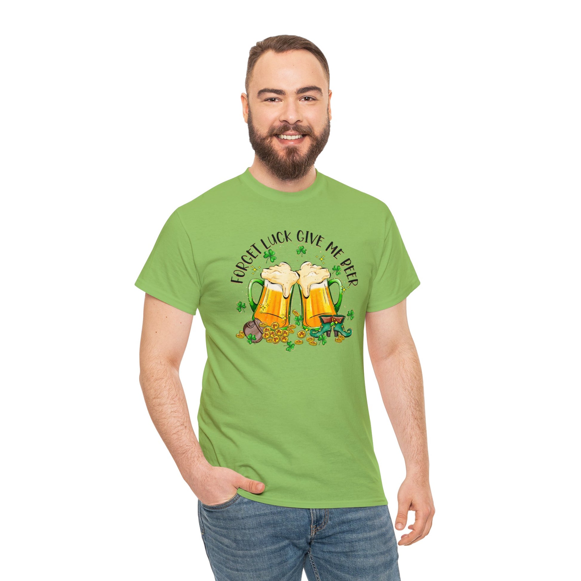 Lime color St. Patrick's Day T-Shirt with two beer mugs toasting each other surrounded by shamrocks sitting on a spilled pot of gold coins and a pair of leprechaun boots.  Shirt declares "Forget Luck Give Me Beer" arched above beer mug graphic. Male Mock-up