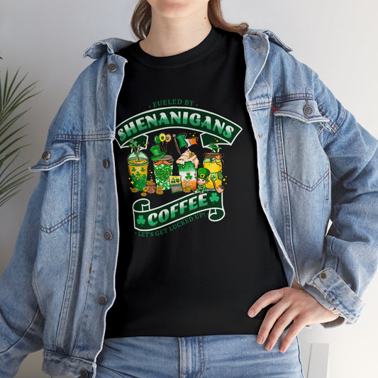 Black color St. Patrick's Day Tee sporting 4 types of coffee, various Irish symbols and the words "Fueled by Shenanigans and Coffee Let's Get Lucked Up". Woman Mock-up with Jacket.