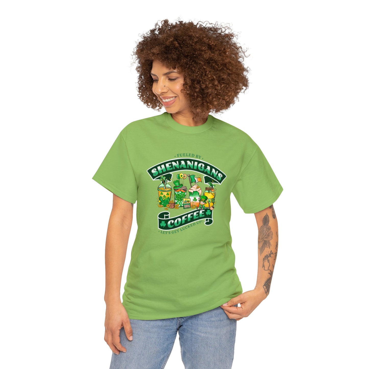 Lime color St. Patrick's Day Tee sporting 4 types of coffee, various Irish symbols and the words "Fueled by Shenanigans and Coffee Let's Get Lucked Up". woman mock up