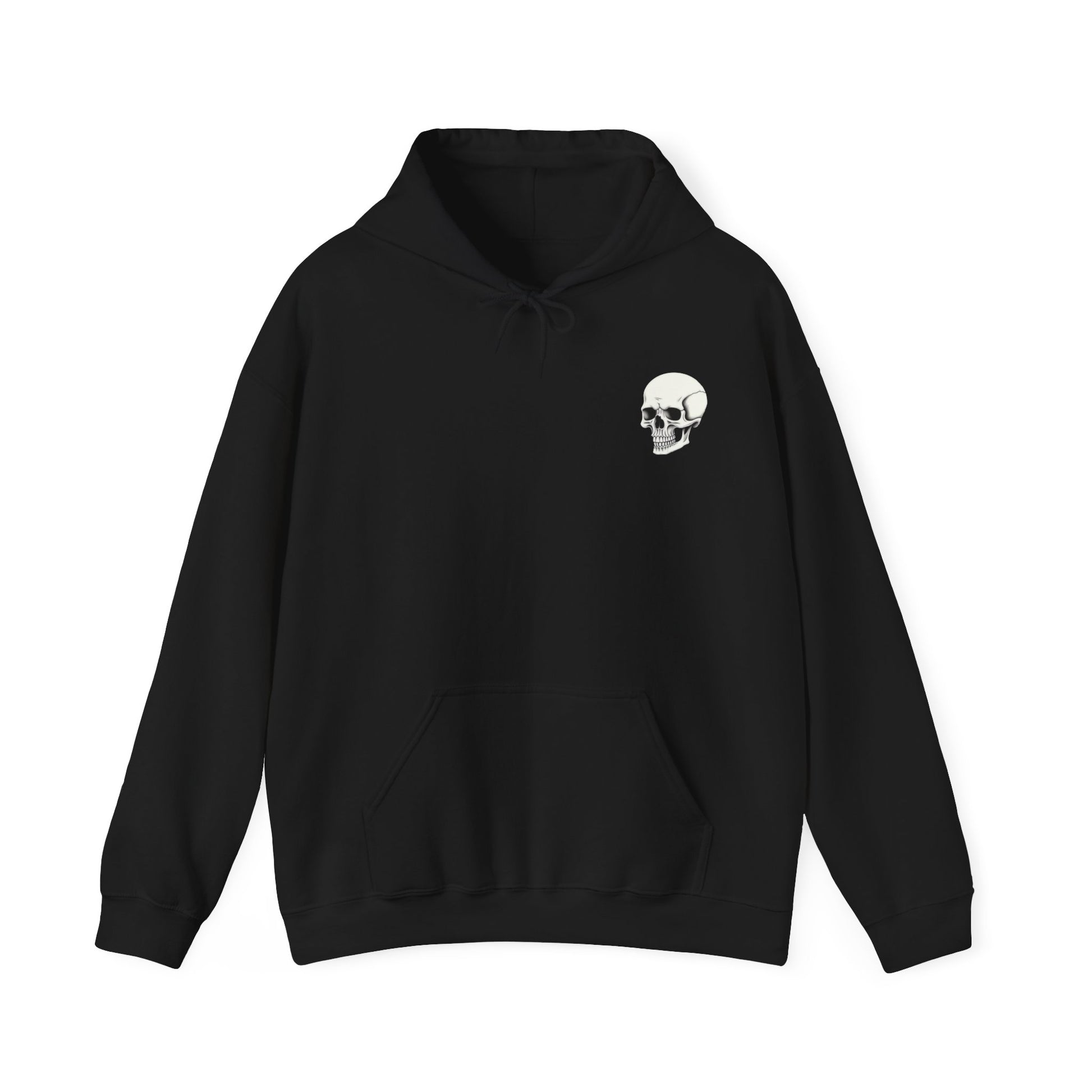 Black colored hoodie sweatshirt with graphic on front and back.  Front has a skeleton head on the left hand side picket area.  The back has a skeleton waist up drinking a cup of coffee that says "I Hate Everyone But Coffee Helps"  