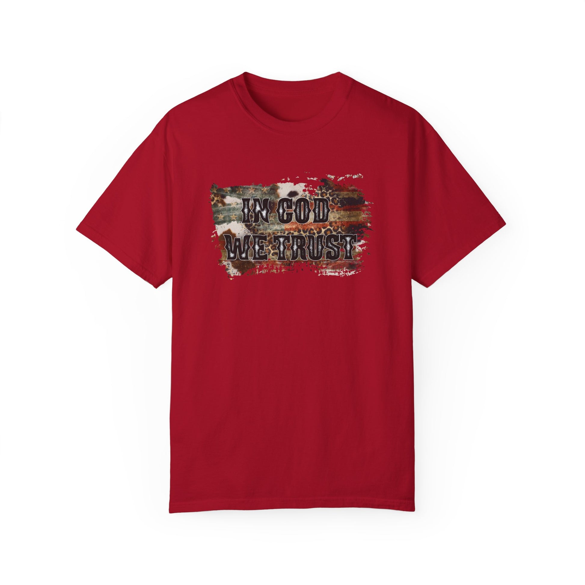 Red colored t-shirt with a worn flag across chest and the words "In God We Trust" overlaid on top