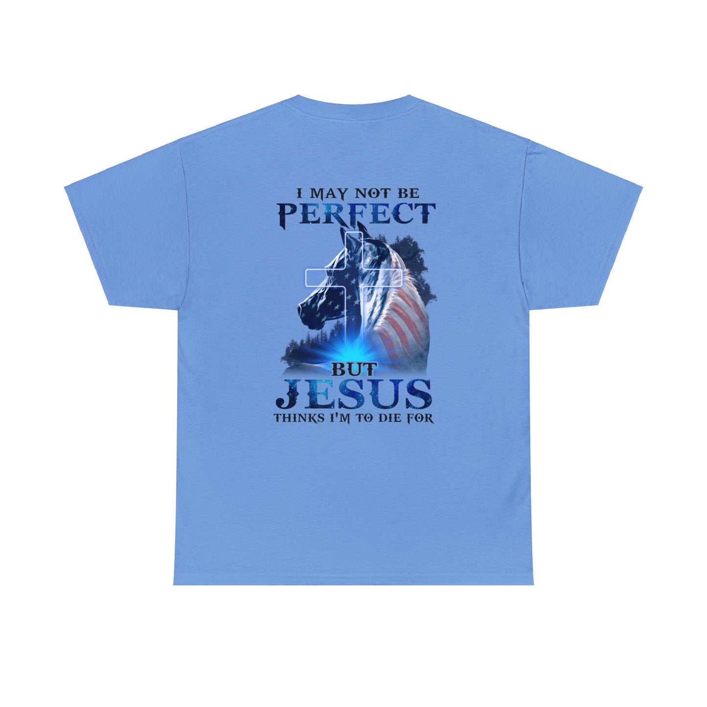 Carolina Blue color t-shirt with a horse graphic with an American Flag mane and overlaid with a cross and the words "I may not be perfect" above and "but Jesus Thinks I'm to Die For" on the bottom.  This graphic is printed on the back and the front is plain, no graphic.