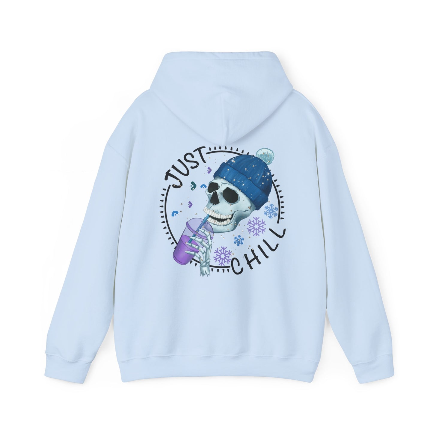 Light Blue colored hoodie with graphic on front and back. Front has snow flake on left pocket chest pocket area.  Back has a cute skeleton with winter hat drinking an iced coffee surrounded by the words just chill in a circle with decorative elements filling the gap between the words in a circle.  Circle also has snowflakes filling in the open space around the skeleton.