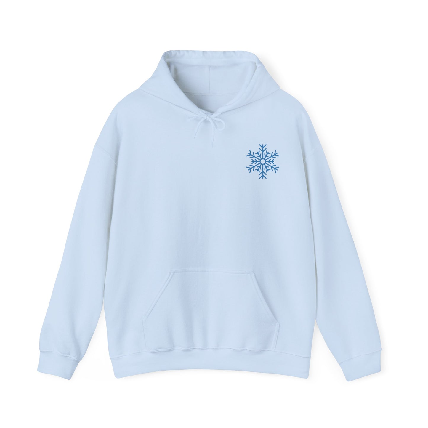 Light Blue colored hoodie with graphic on front and back. Front has snow flake on left pocket chest pocket area.  Back has a cute skeleton with winter hat drinking an iced coffee surrounded by the words just chill in a circle with decorative elements filling the gap between the words in a circle.  Circle also has snowflakes filling in the open space around the skeleton.